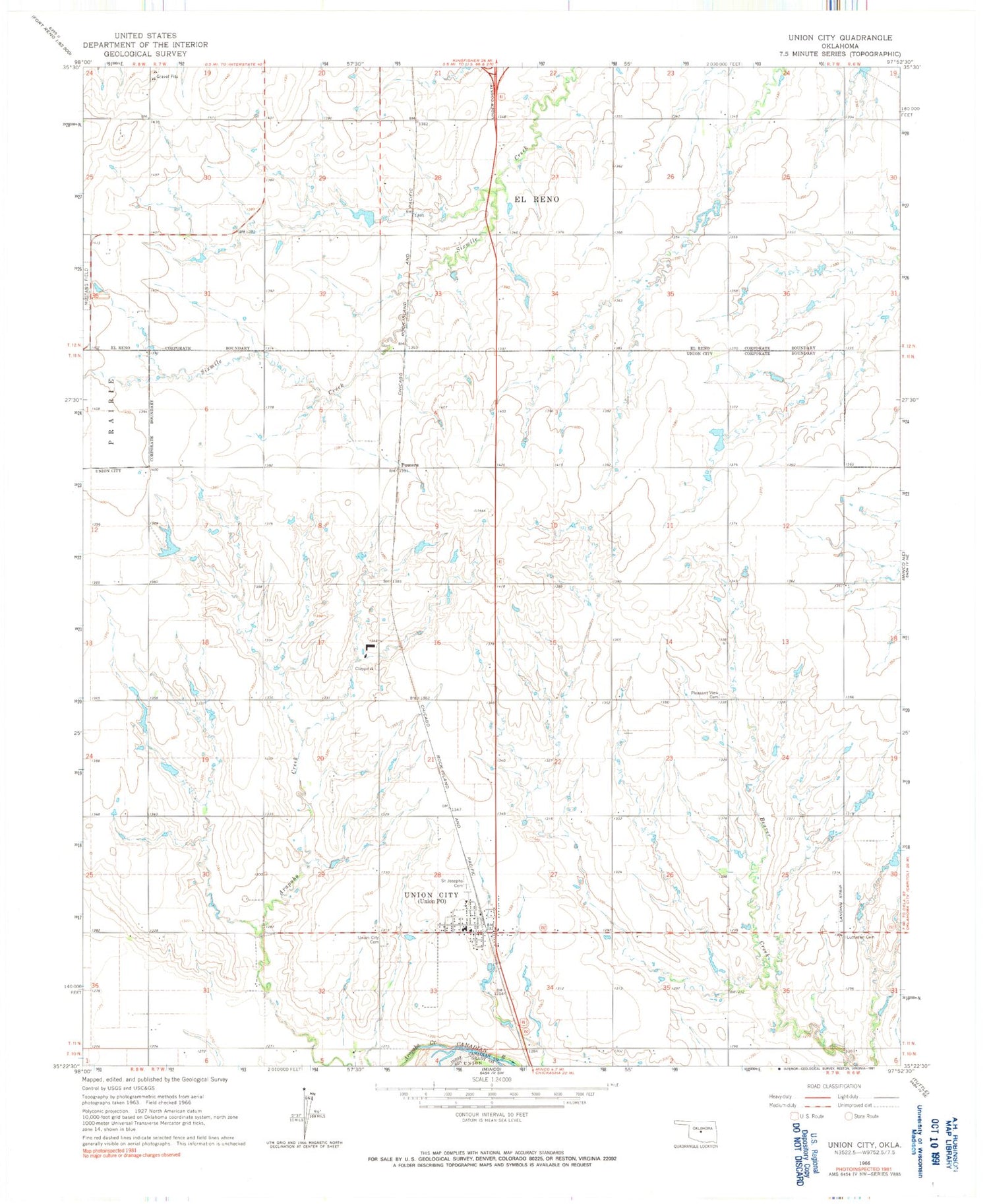 Classic USGS Union City Oklahoma 7.5'x7.5' Topo Map Image