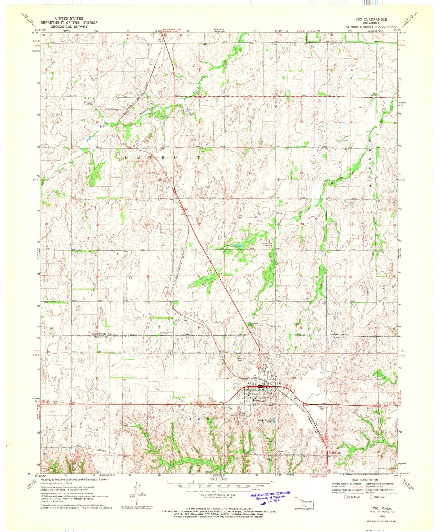 Classic USGS Vici Oklahoma 7.5'x7.5' Topo Map Image