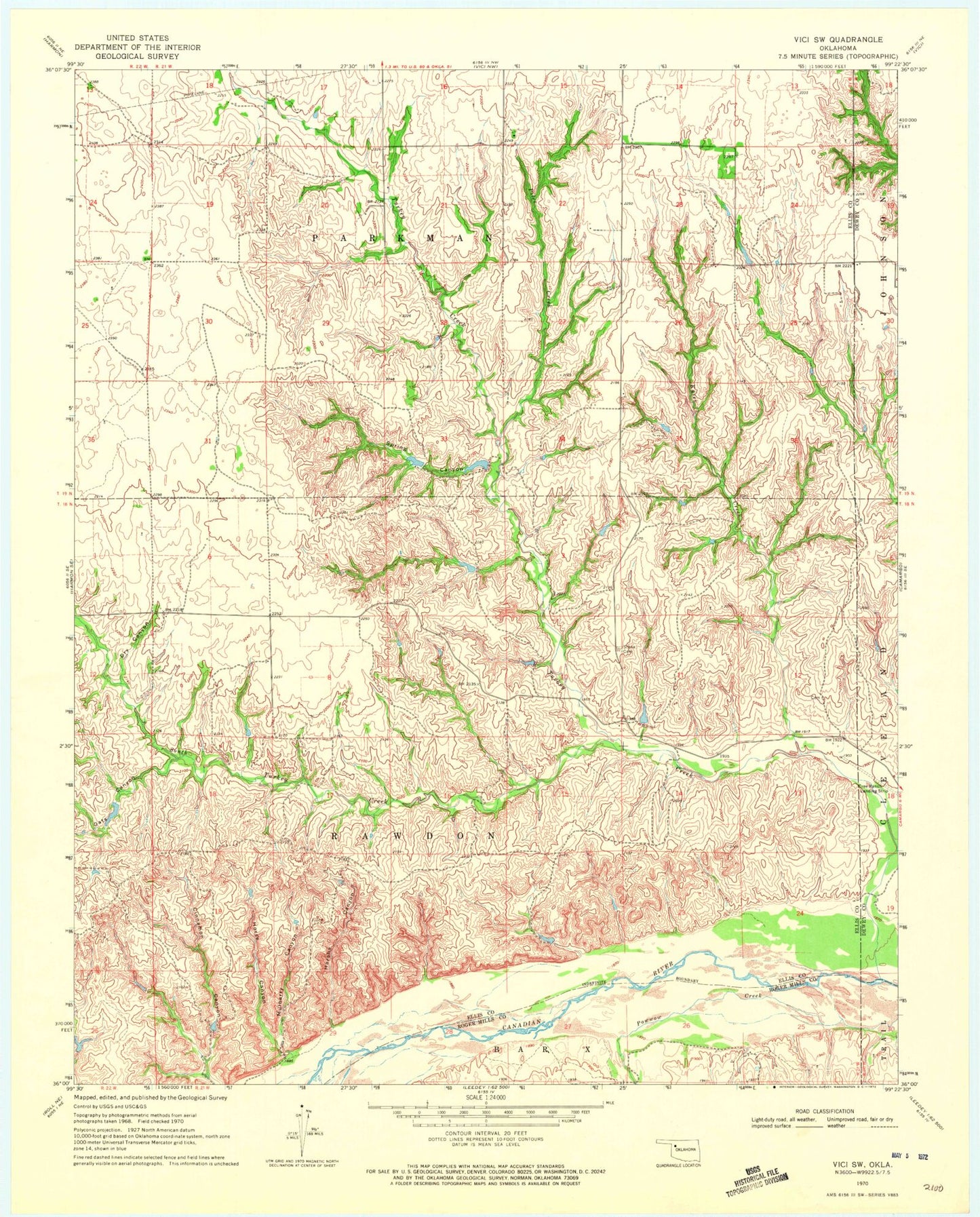 Classic USGS Vici SW Oklahoma 7.5'x7.5' Topo Map Image