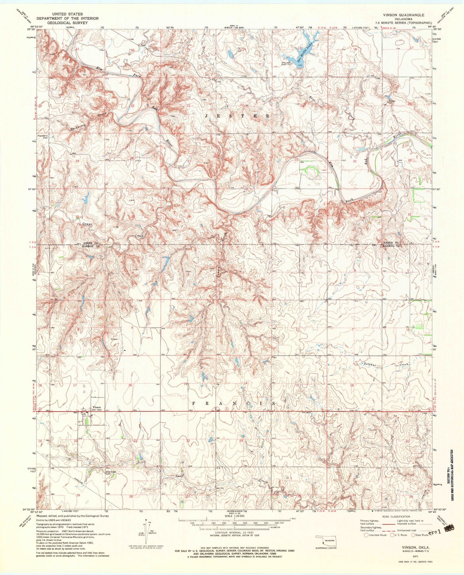 Classic USGS Vinson Oklahoma 7.5'x7.5' Topo Map Image