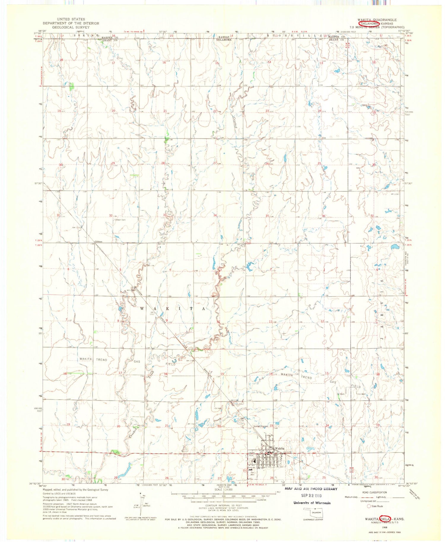 Classic USGS Wakita Oklahoma 7.5'x7.5' Topo Map Image