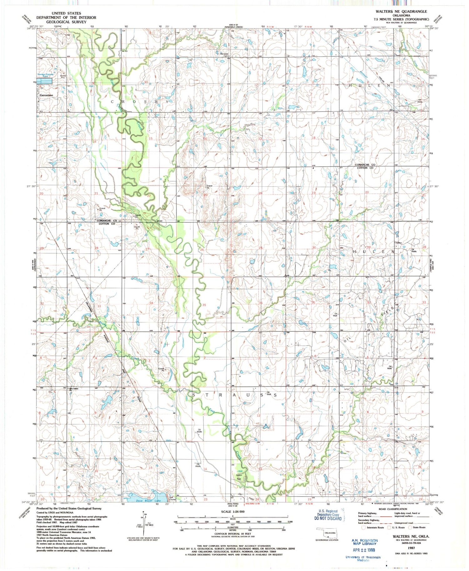 Classic USGS Walters NE Oklahoma 7.5'x7.5' Topo Map Image