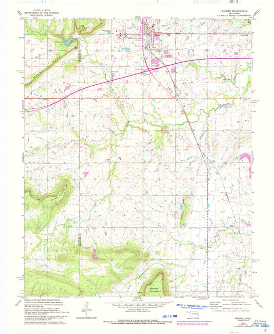Classic USGS Warner Oklahoma 7.5'x7.5' Topo Map Image