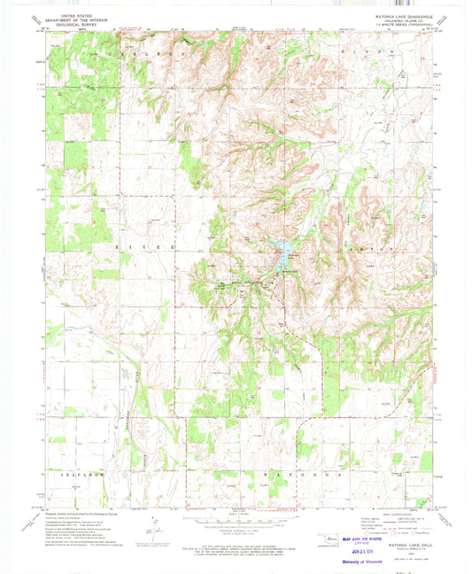 Classic USGS Watonga Lake Oklahoma 7.5'x7.5' Topo Map Image