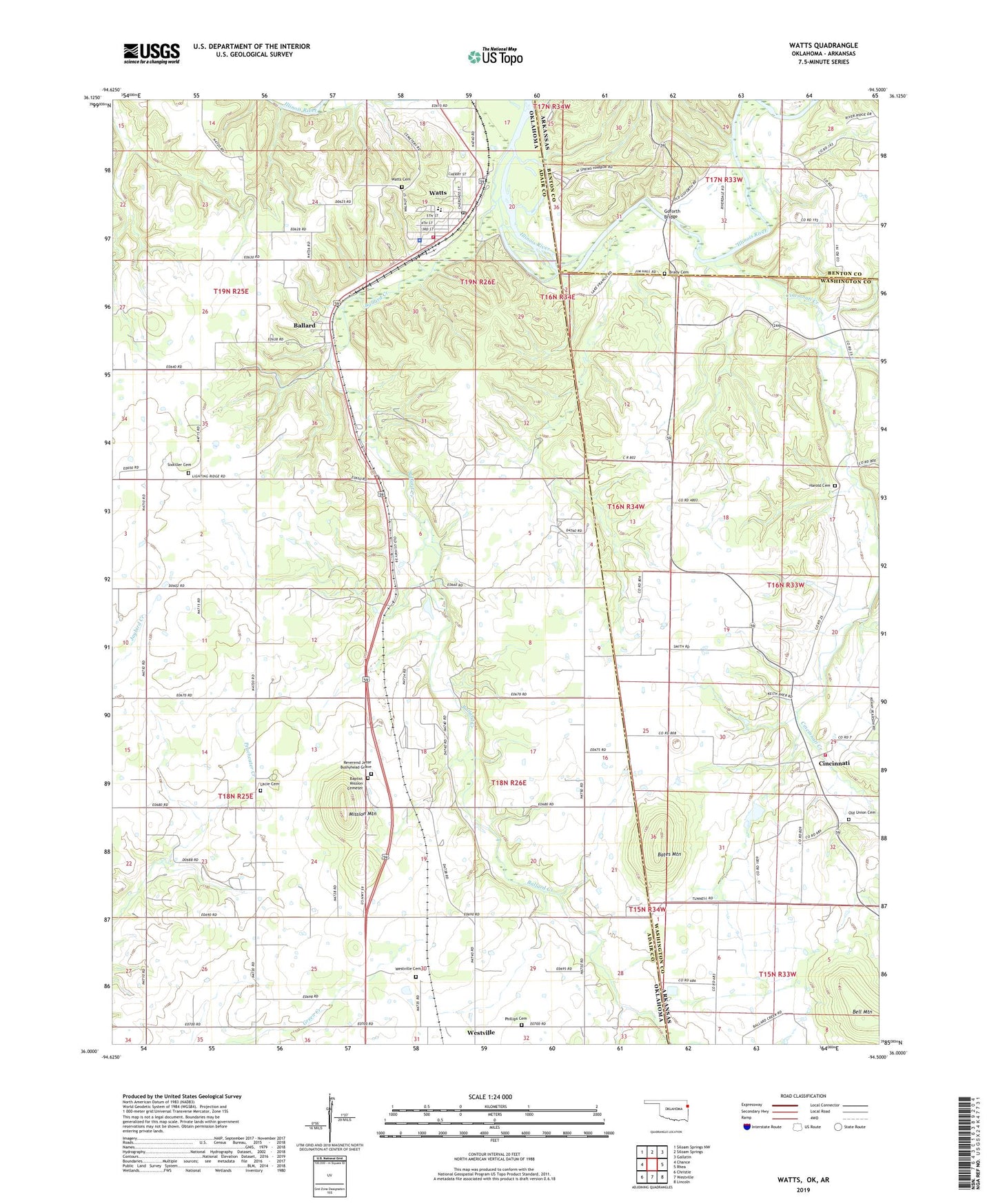 Watts Oklahoma US Topo Map Image