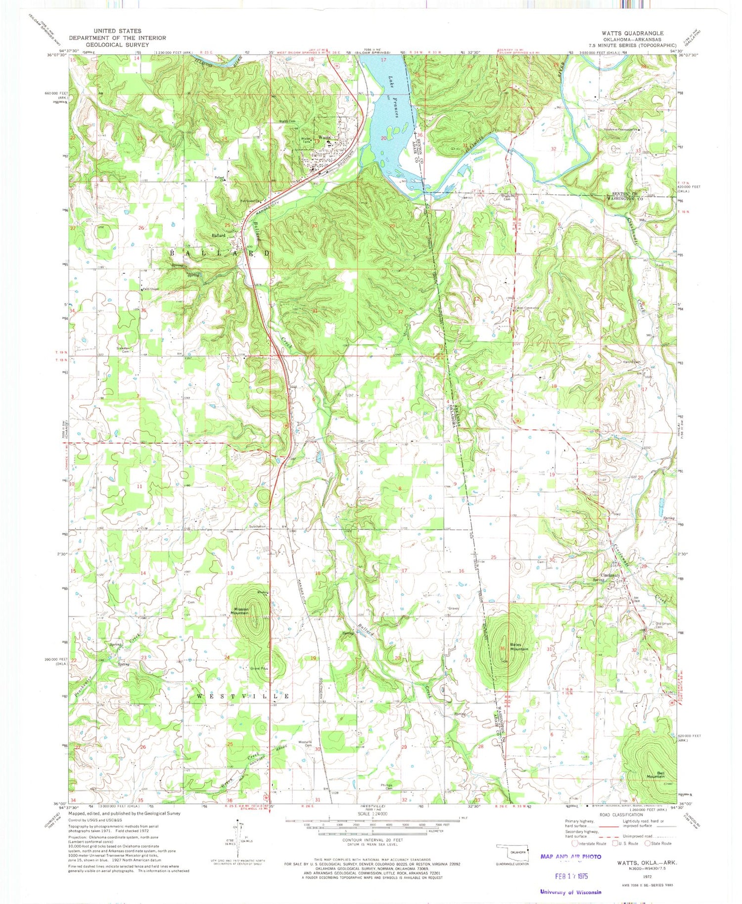 Classic USGS Watts Oklahoma 7.5'x7.5' Topo Map Image