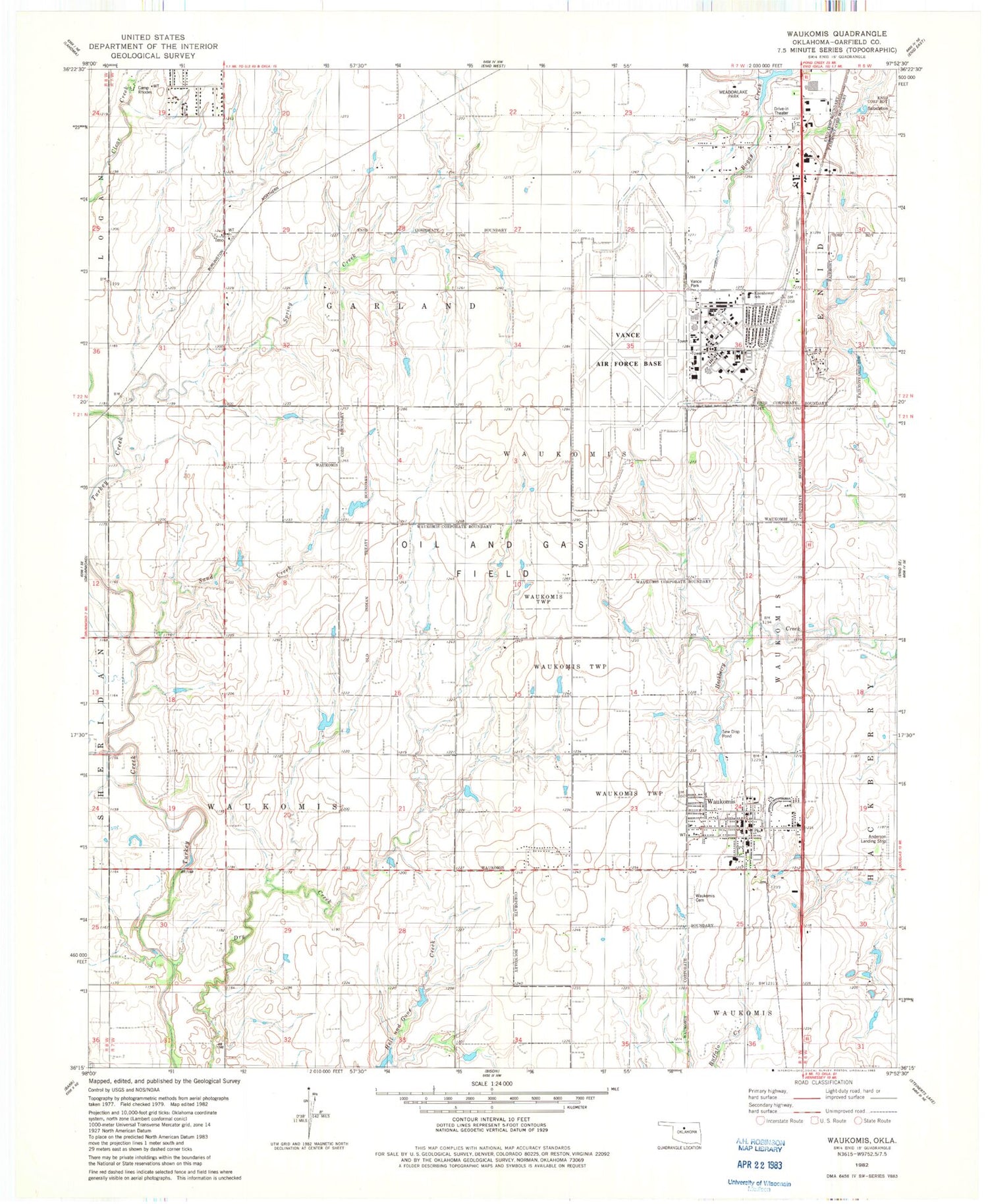 Classic USGS Waukomis Oklahoma 7.5'x7.5' Topo Map Image