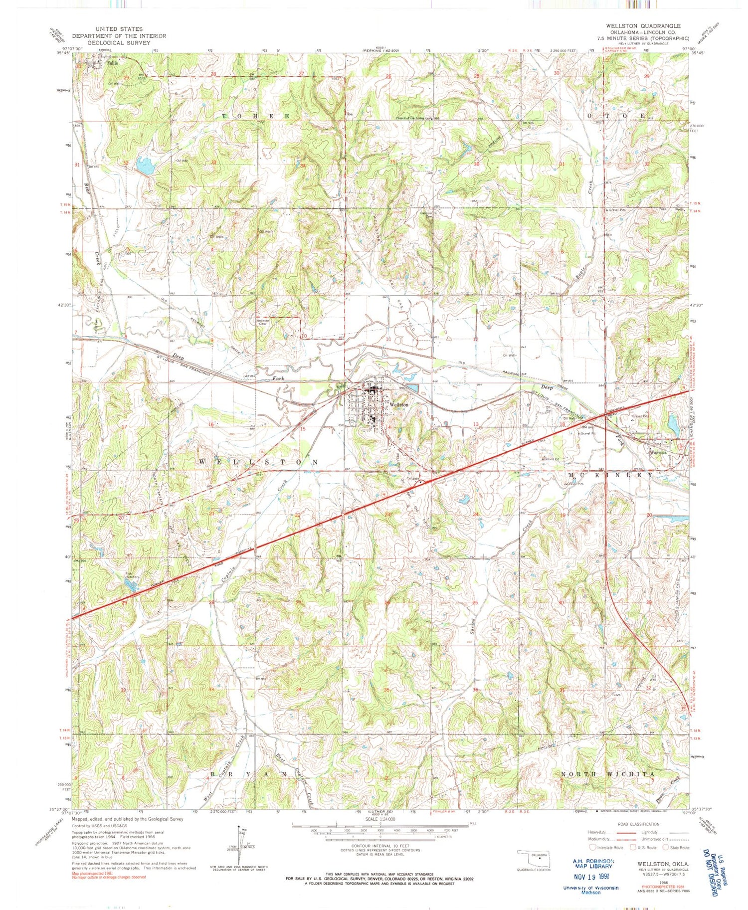 Classic USGS Wellston Oklahoma 7.5'x7.5' Topo Map Image