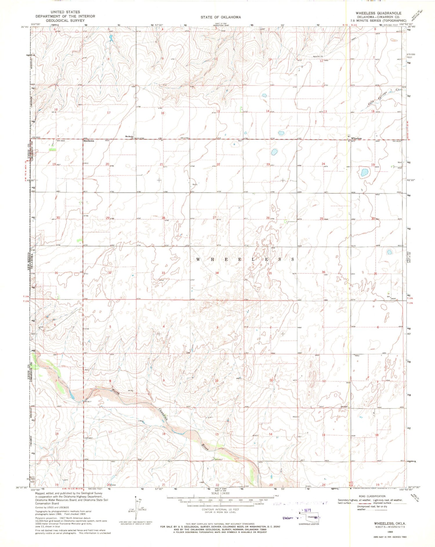 Classic USGS Wheeless Oklahoma 7.5'x7.5' Topo Map Image