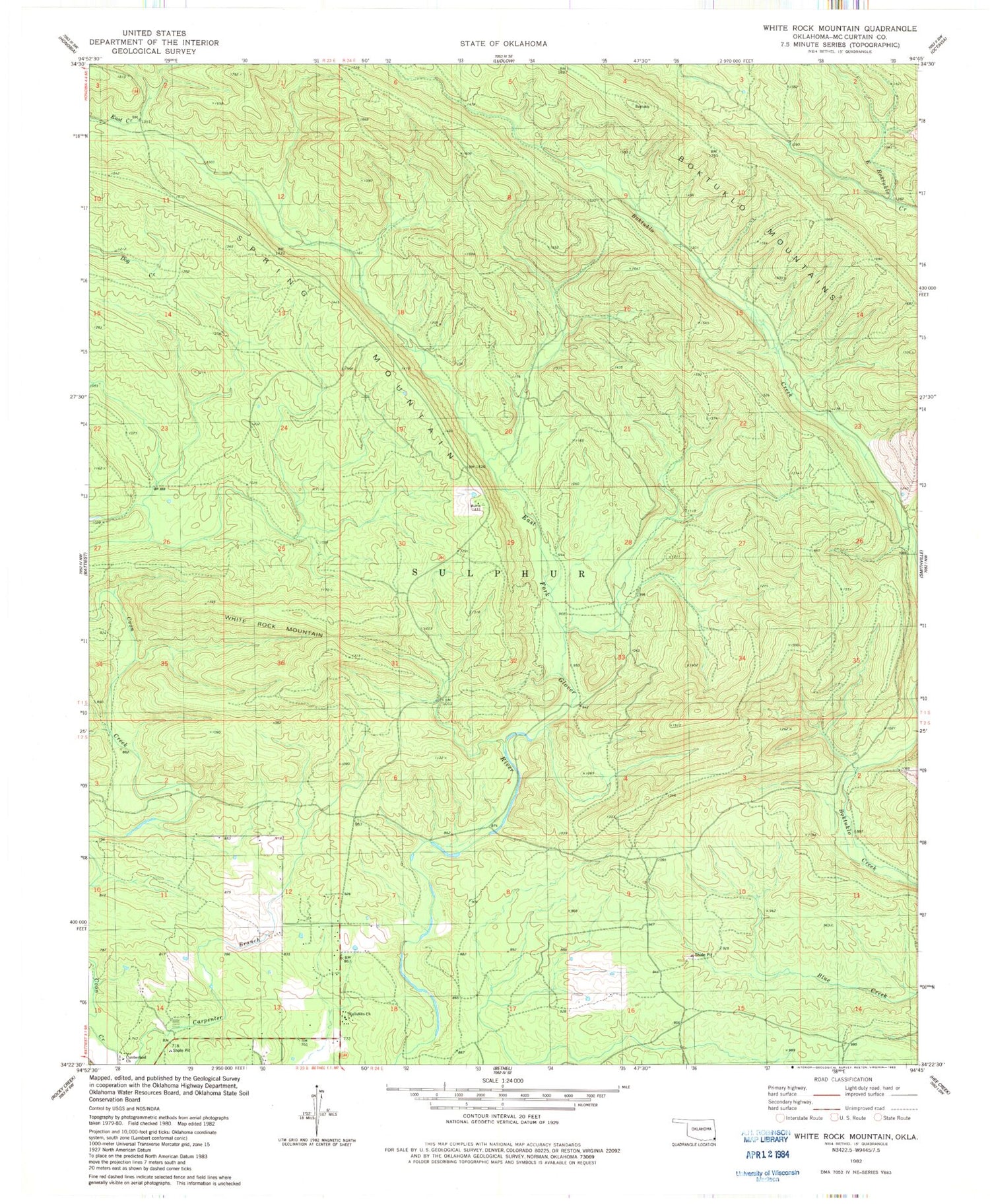 Classic USGS White Rock Mountain Oklahoma 7.5'x7.5' Topo Map Image