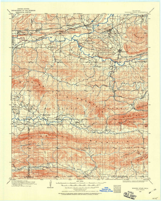 Historic 1909 Winding Stair Oklahoma 30'x30' Topo Map Image