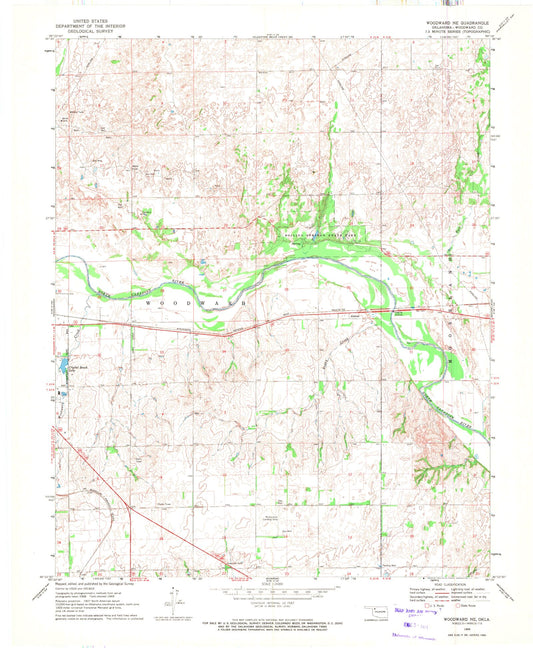 Classic USGS Woodward NE Oklahoma 7.5'x7.5' Topo Map Image