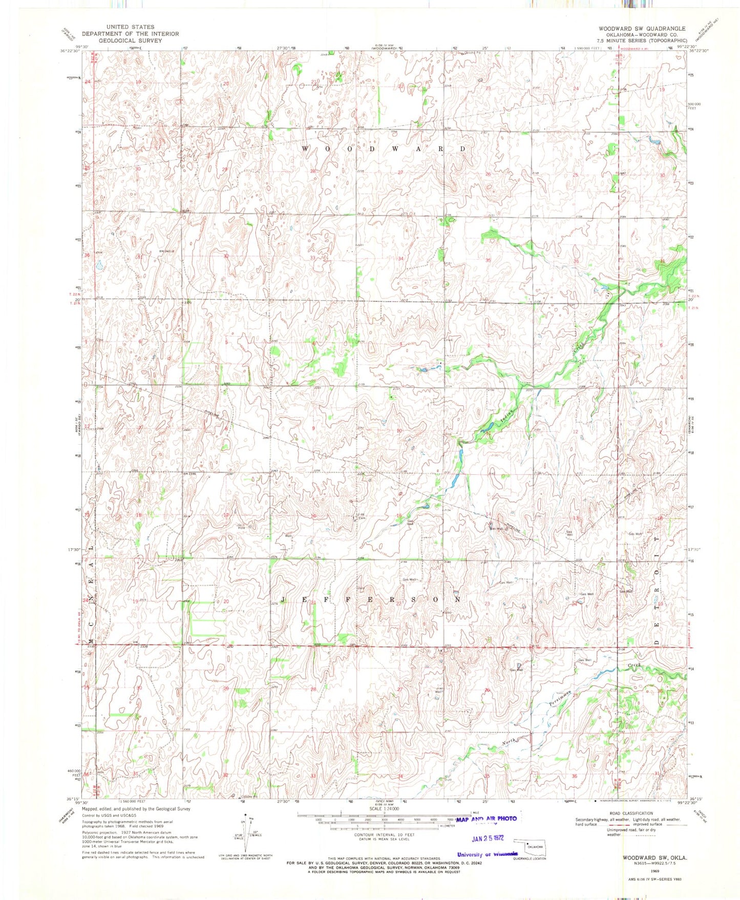 Classic USGS Woodward SW Oklahoma 7.5'x7.5' Topo Map Image