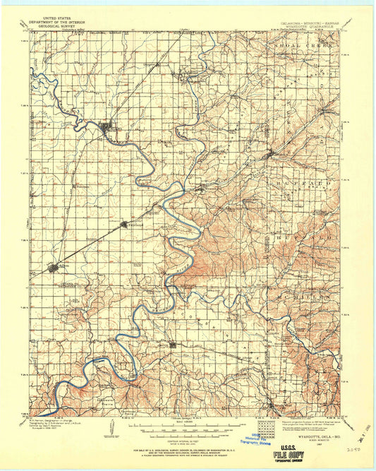 Historic 1907 Wyandotte Oklahoma 30'x30' Topo Map Image