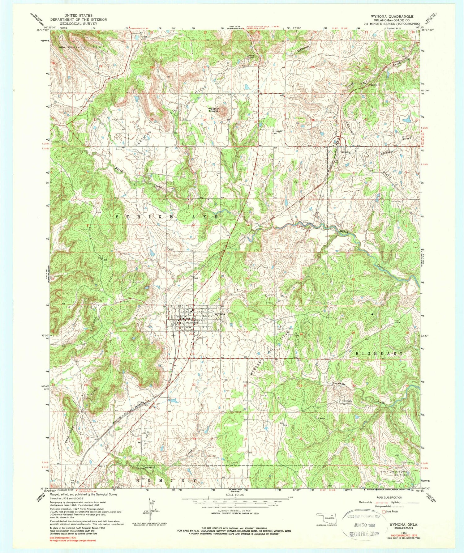 Classic USGS Wynona Oklahoma 7.5'x7.5' Topo Map Image