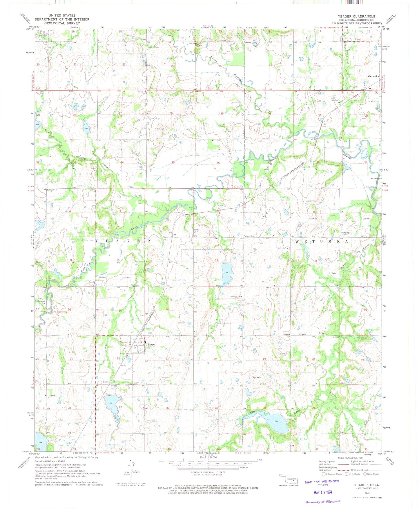 Classic USGS Yeager Oklahoma 7.5'x7.5' Topo Map Image