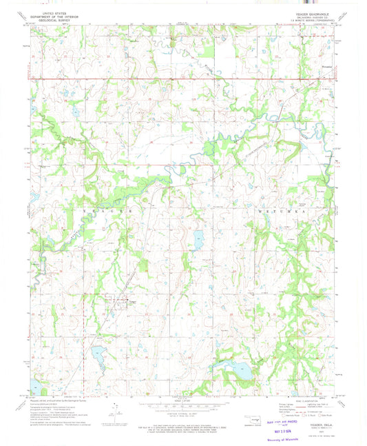 Classic USGS Yeager Oklahoma 7.5'x7.5' Topo Map Image