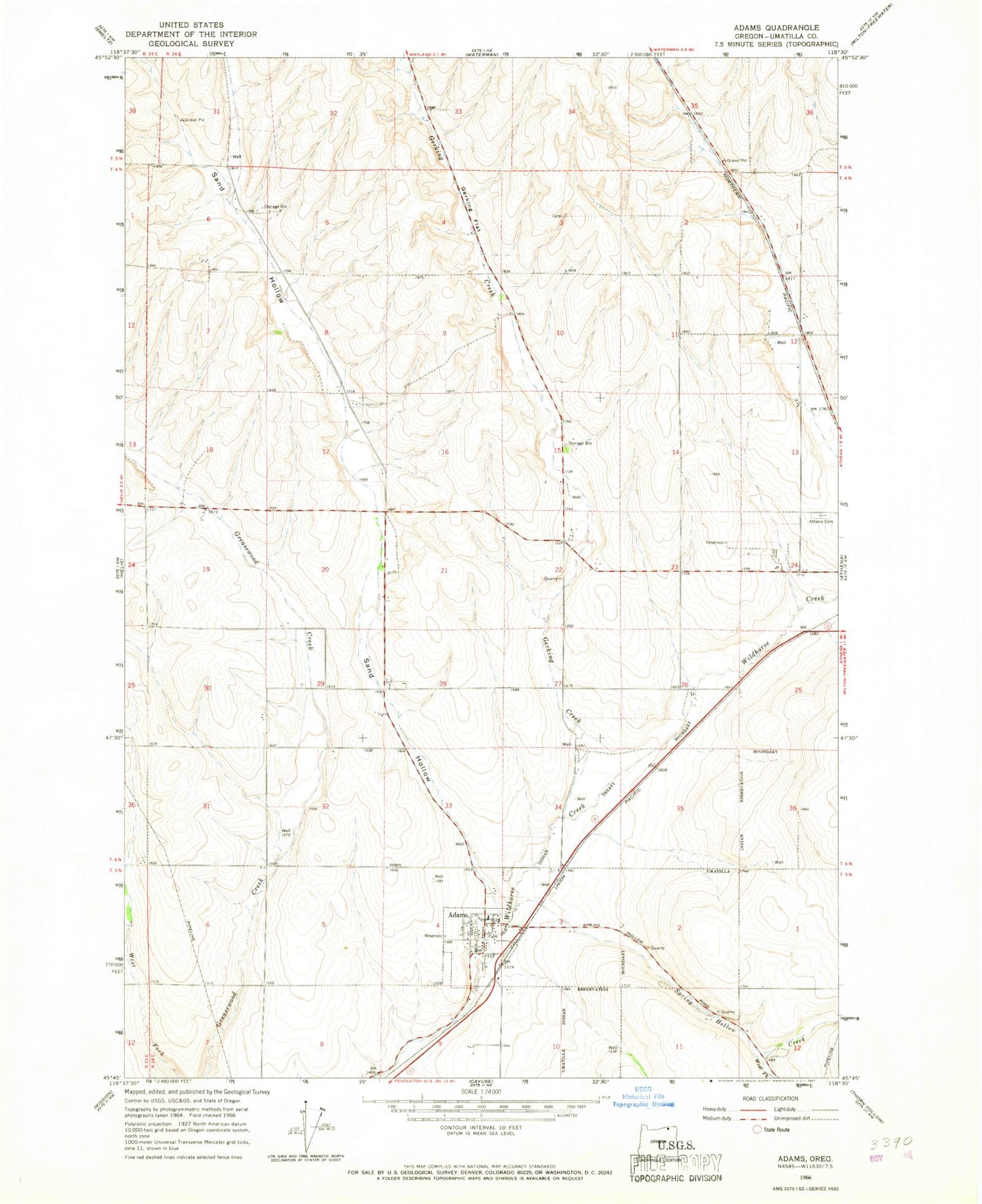 Classic USGS Adams Oregon 7.5'x7.5' Topo Map Image