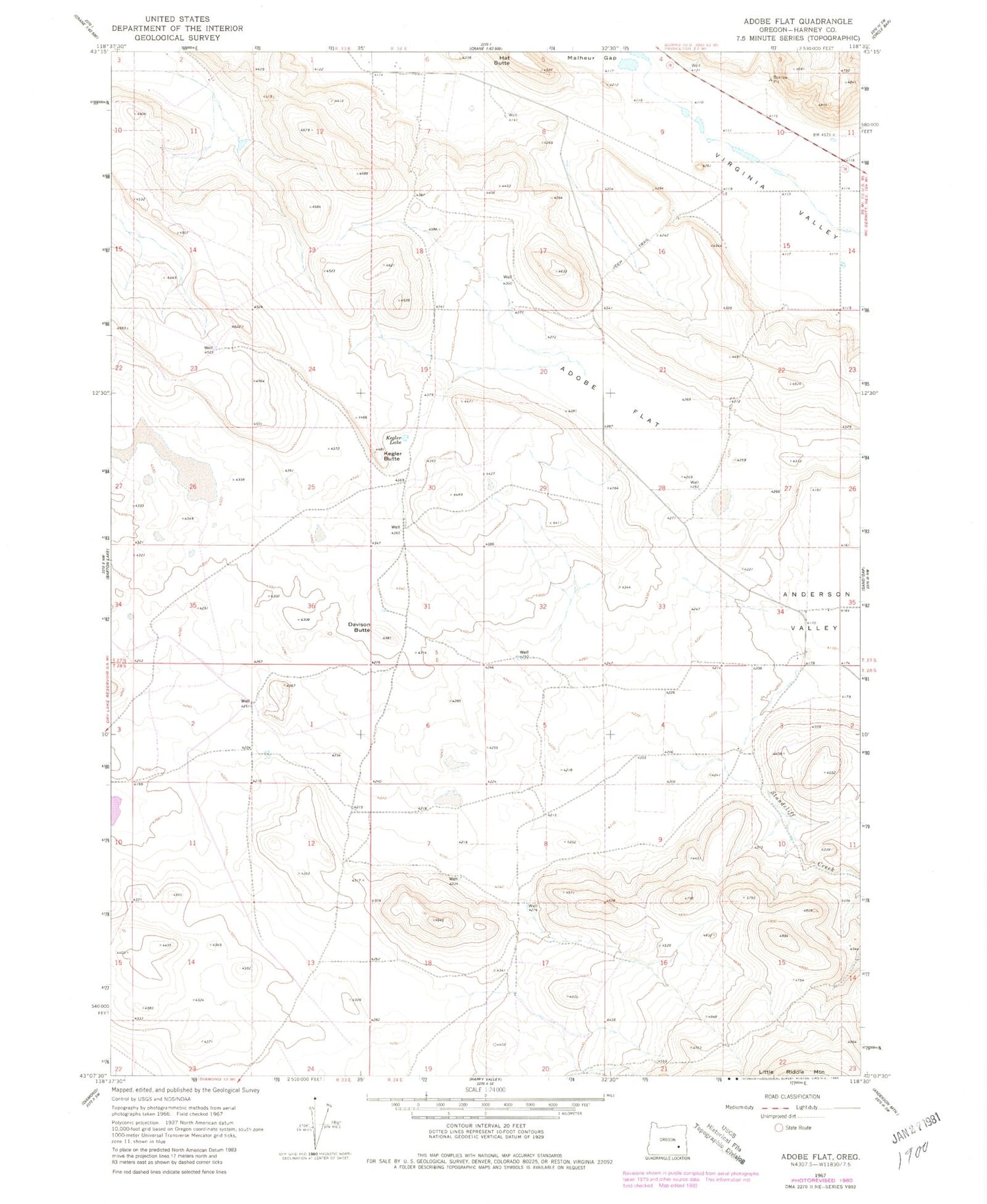 Classic USGS Adobe Flat Oregon 7.5'x7.5' Topo Map Image