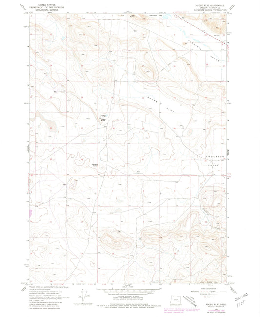 Classic USGS Adobe Flat Oregon 7.5'x7.5' Topo Map Image