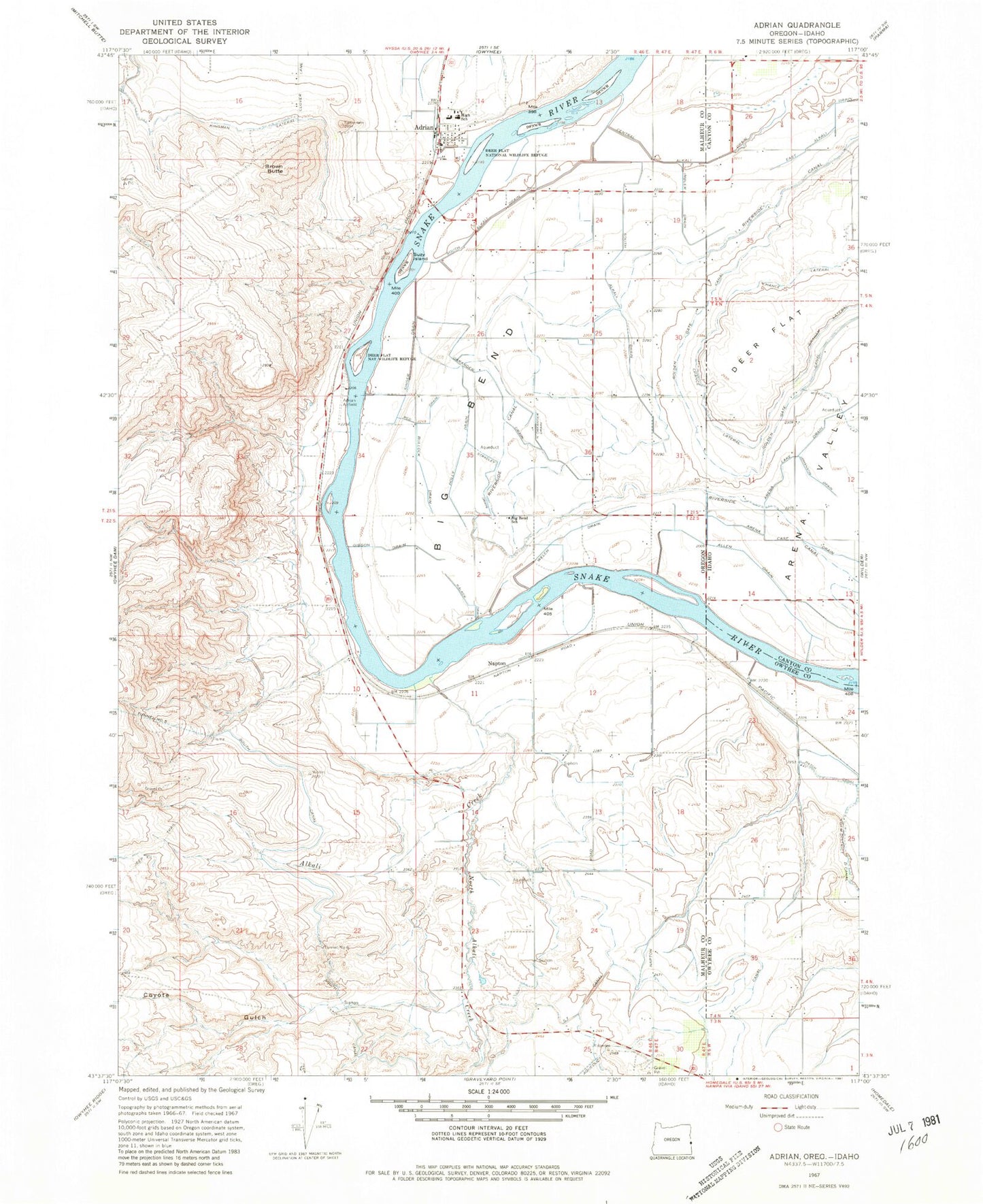 Classic USGS Adrian Oregon 7.5'x7.5' Topo Map Image