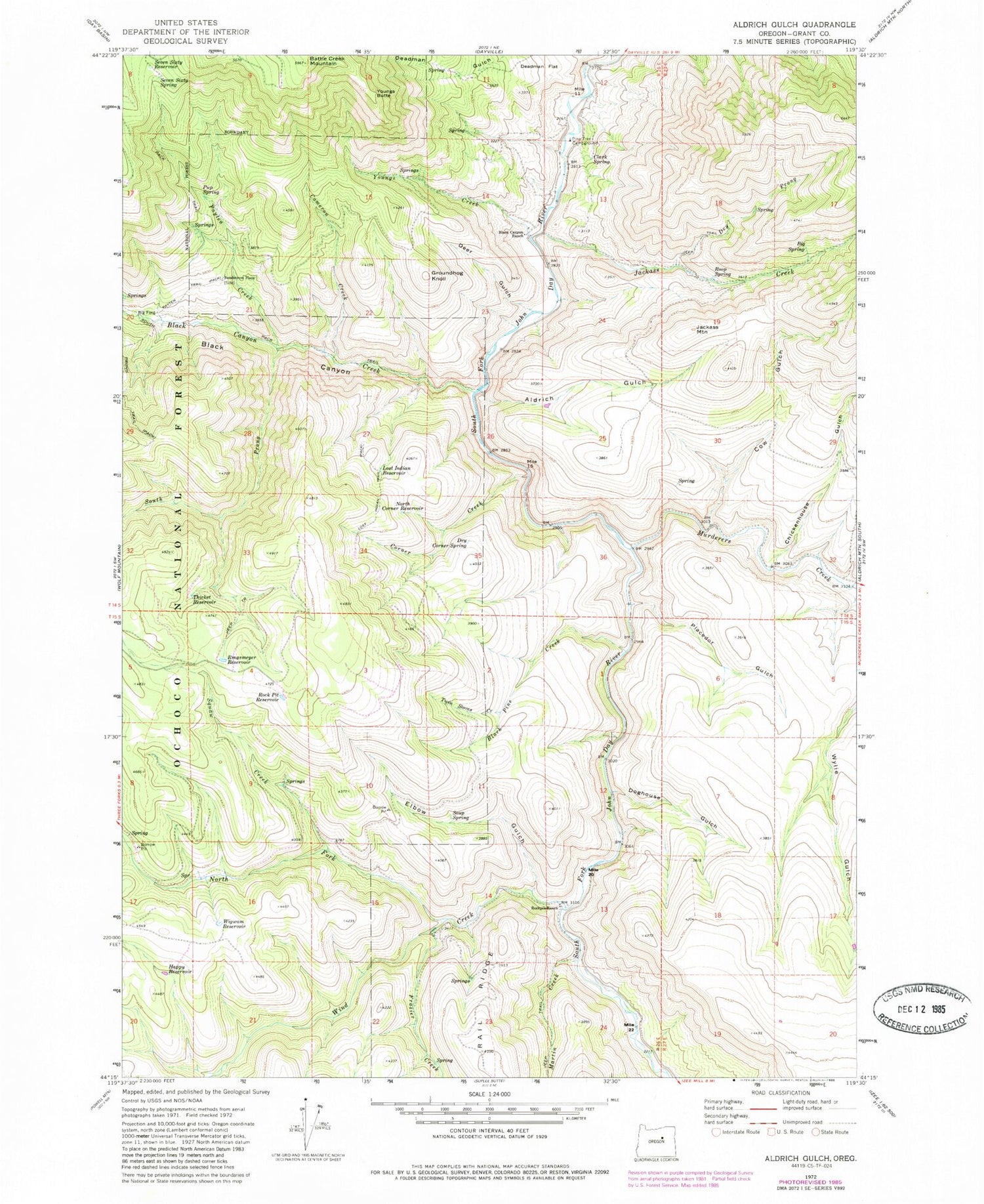 Classic USGS Aldrich Gulch Oregon 7.5'x7.5' Topo Map Image
