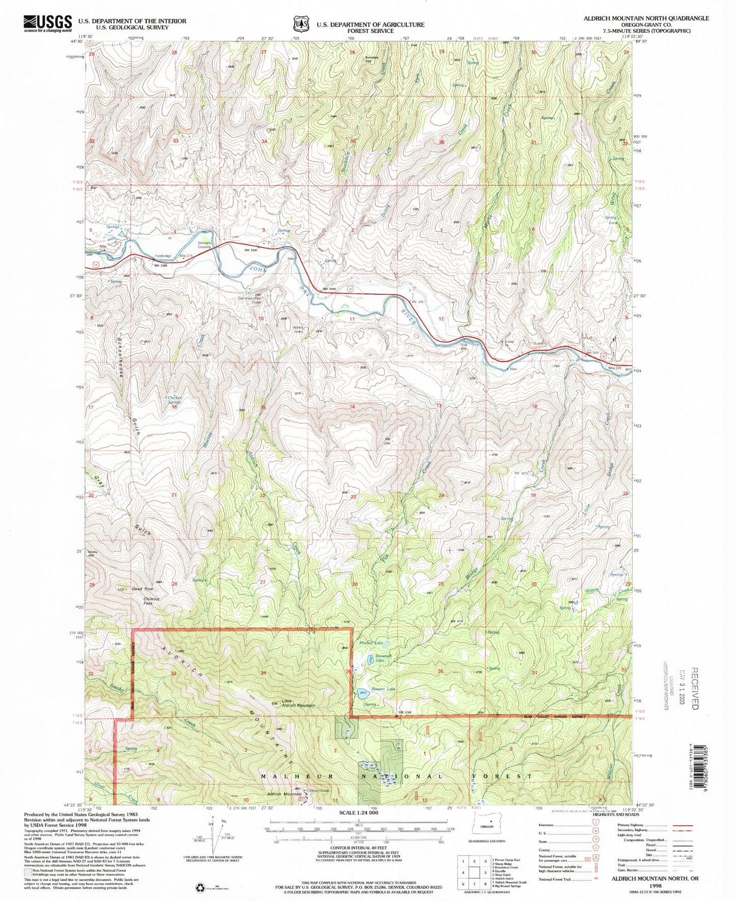 Classic USGS Aldrich Mountain North Oregon 7.5'x7.5' Topo Map Image