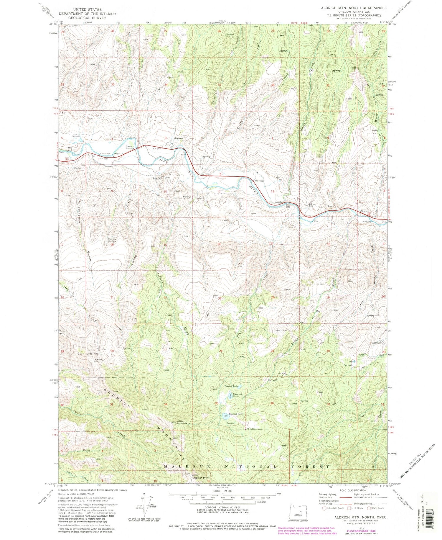 Classic USGS Aldrich Mountain North Oregon 7.5'x7.5' Topo Map Image