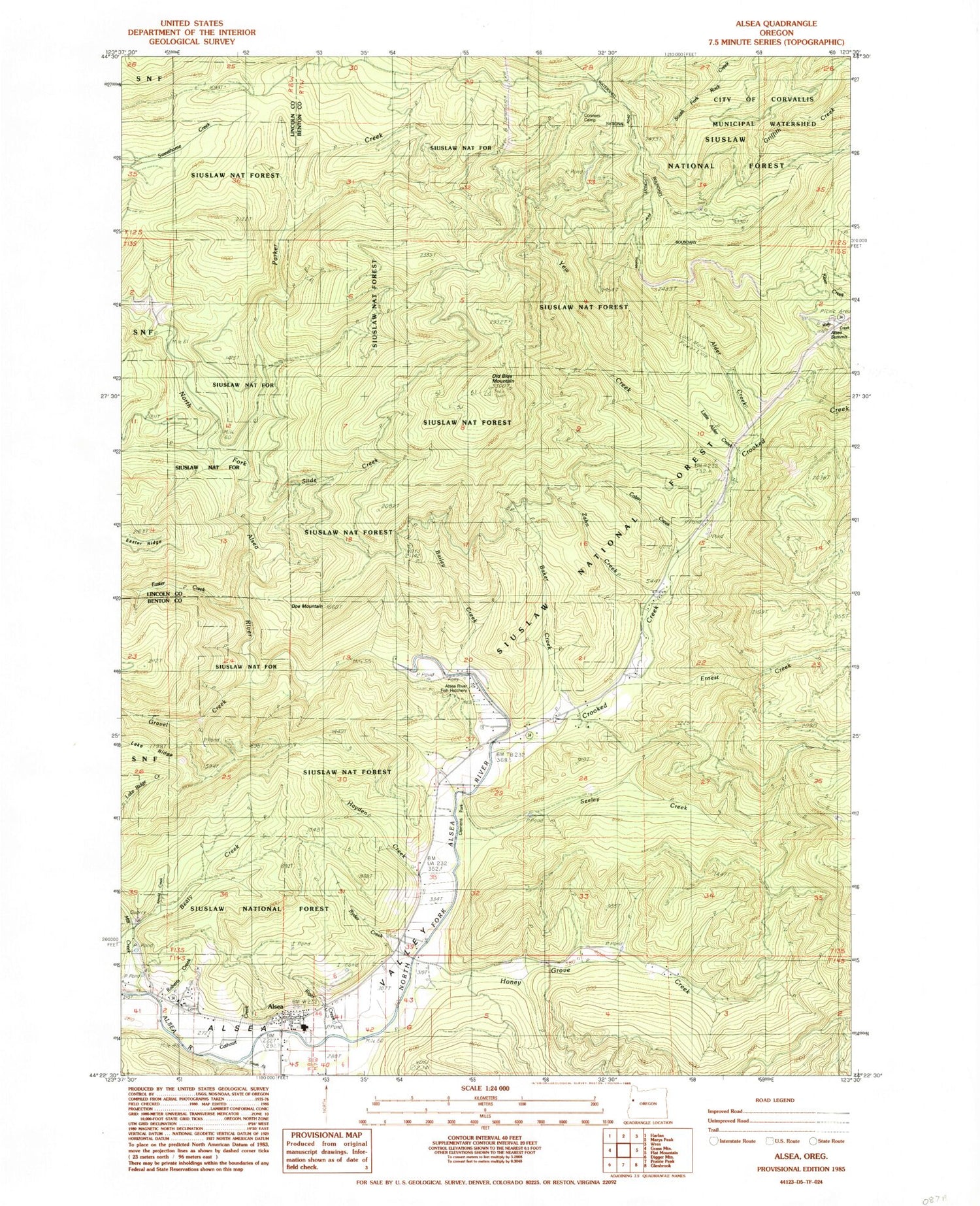 Classic USGS Alsea Oregon 7.5'x7.5' Topo Map Image