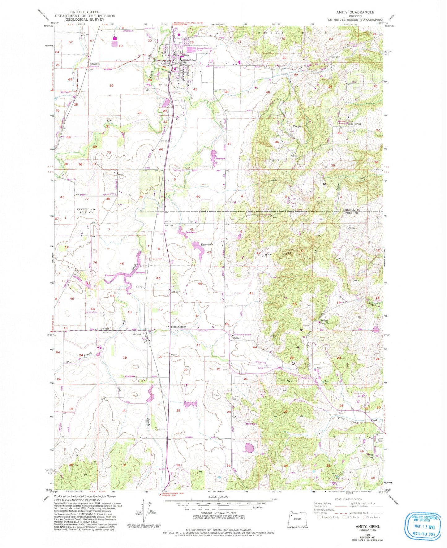 Classic USGS Amity Oregon 7.5'x7.5' Topo Map Image