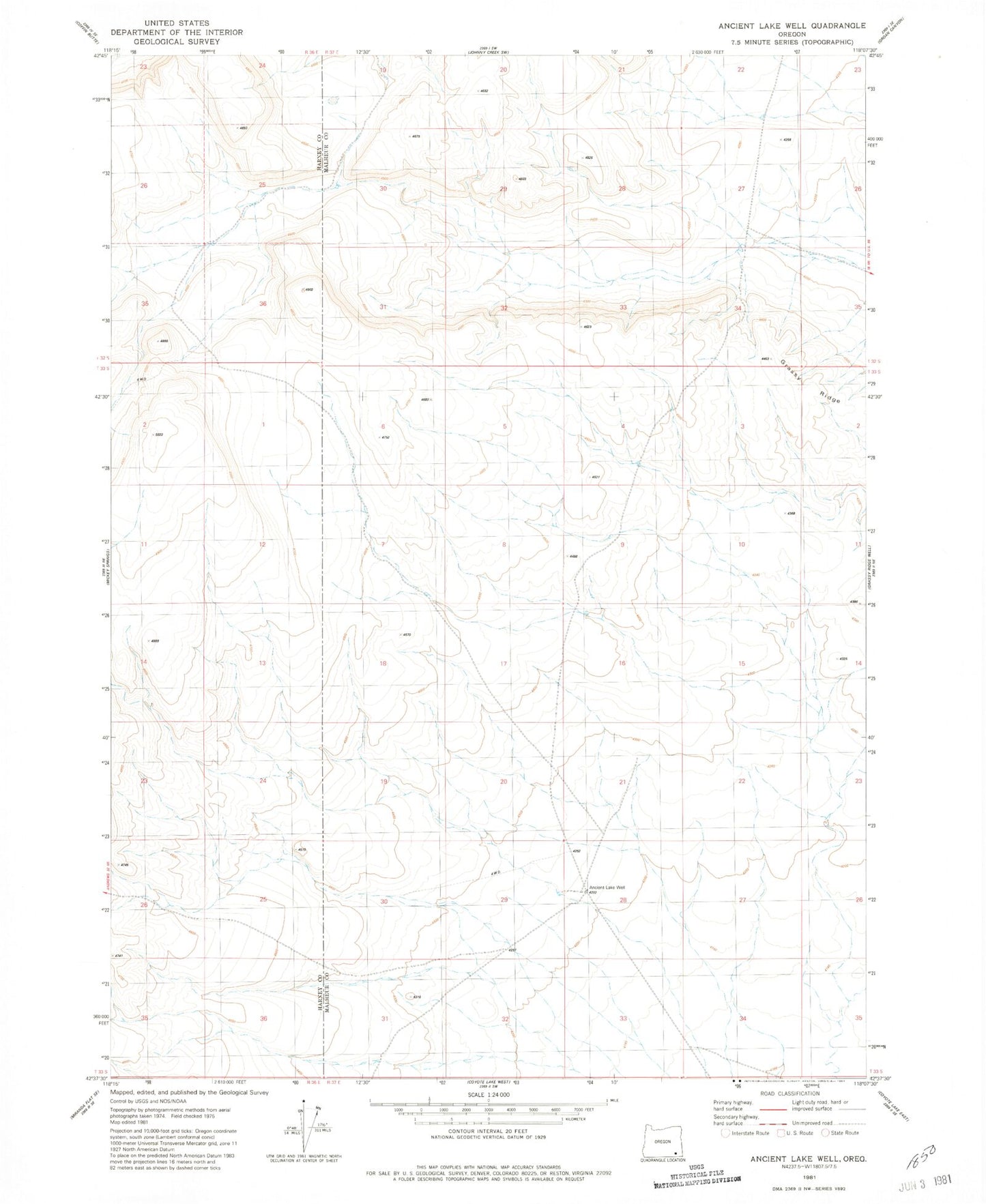 Classic USGS Ancient Lake Well Oregon 7.5'x7.5' Topo Map Image