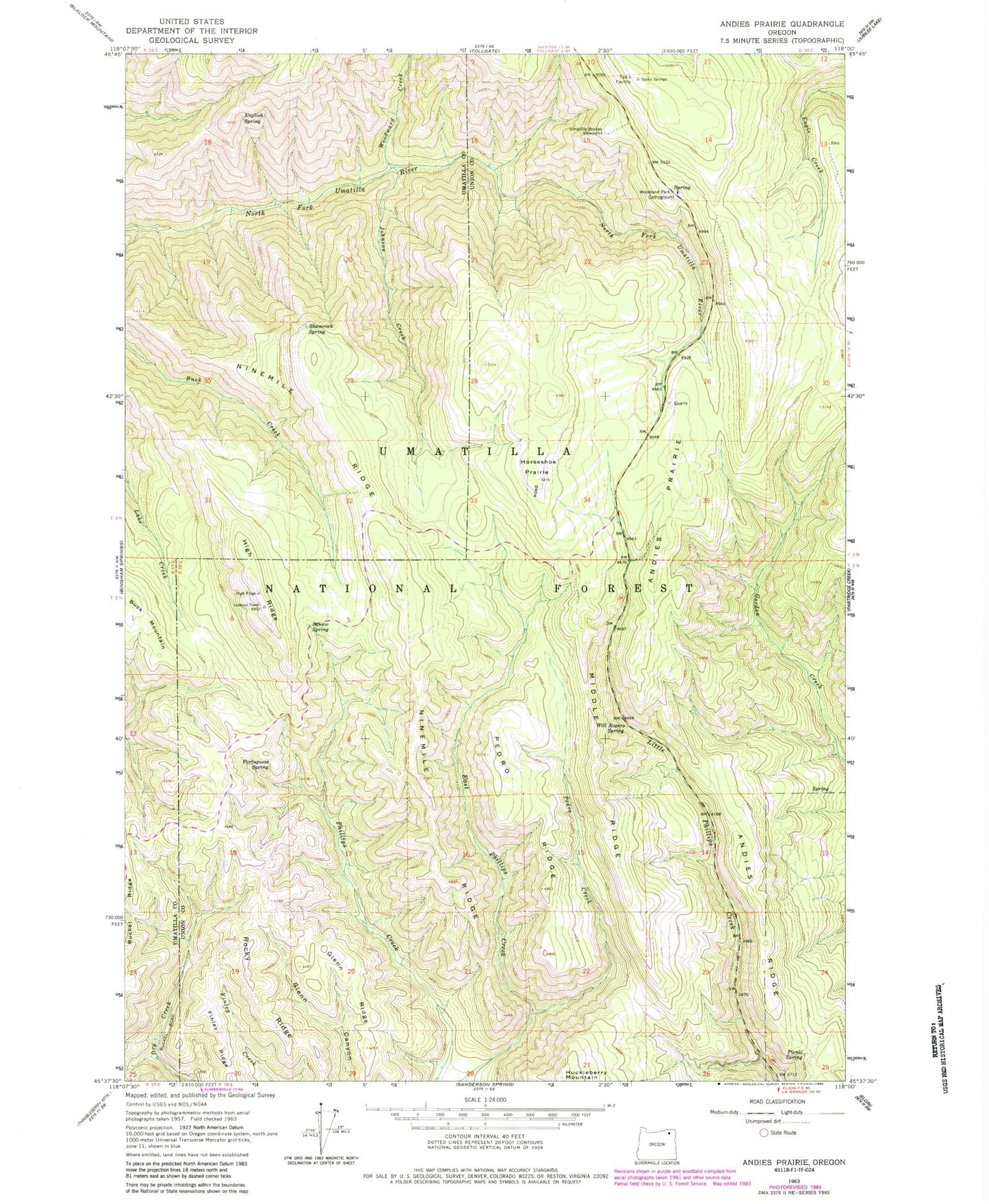 Classic USGS Andies Prairie Oregon 7.5'x7.5' Topo Map Image