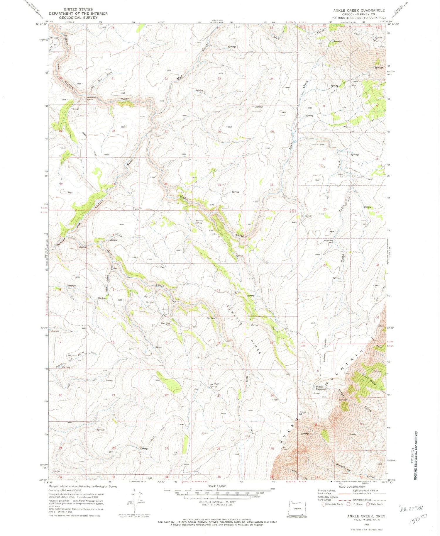 Classic USGS Ankle Creek Oregon 7.5'x7.5' Topo Map Image