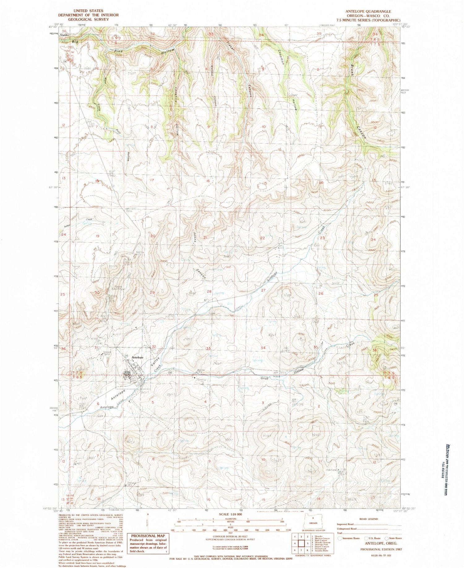 Classic USGS Antelope Oregon 7.5'x7.5' Topo Map Image
