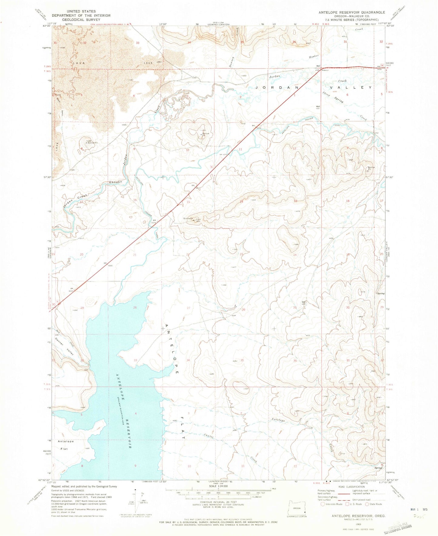 Classic USGS Antelope Reservoir Oregon 7.5'x7.5' Topo Map Image