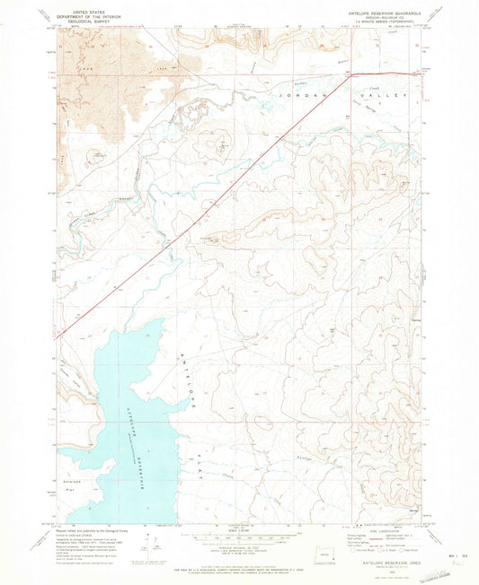 Classic USGS Antelope Reservoir Oregon 7.5'x7.5' Topo Map Image