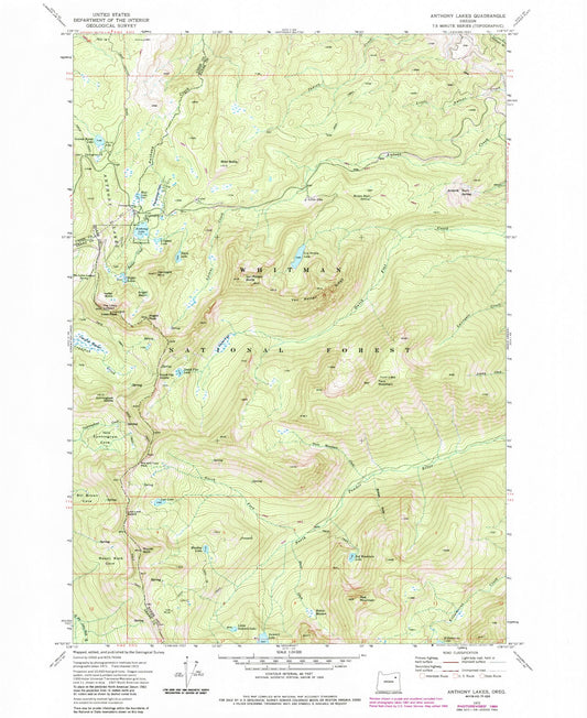 Classic USGS Anthony Lakes Oregon 7.5'x7.5' Topo Map Image