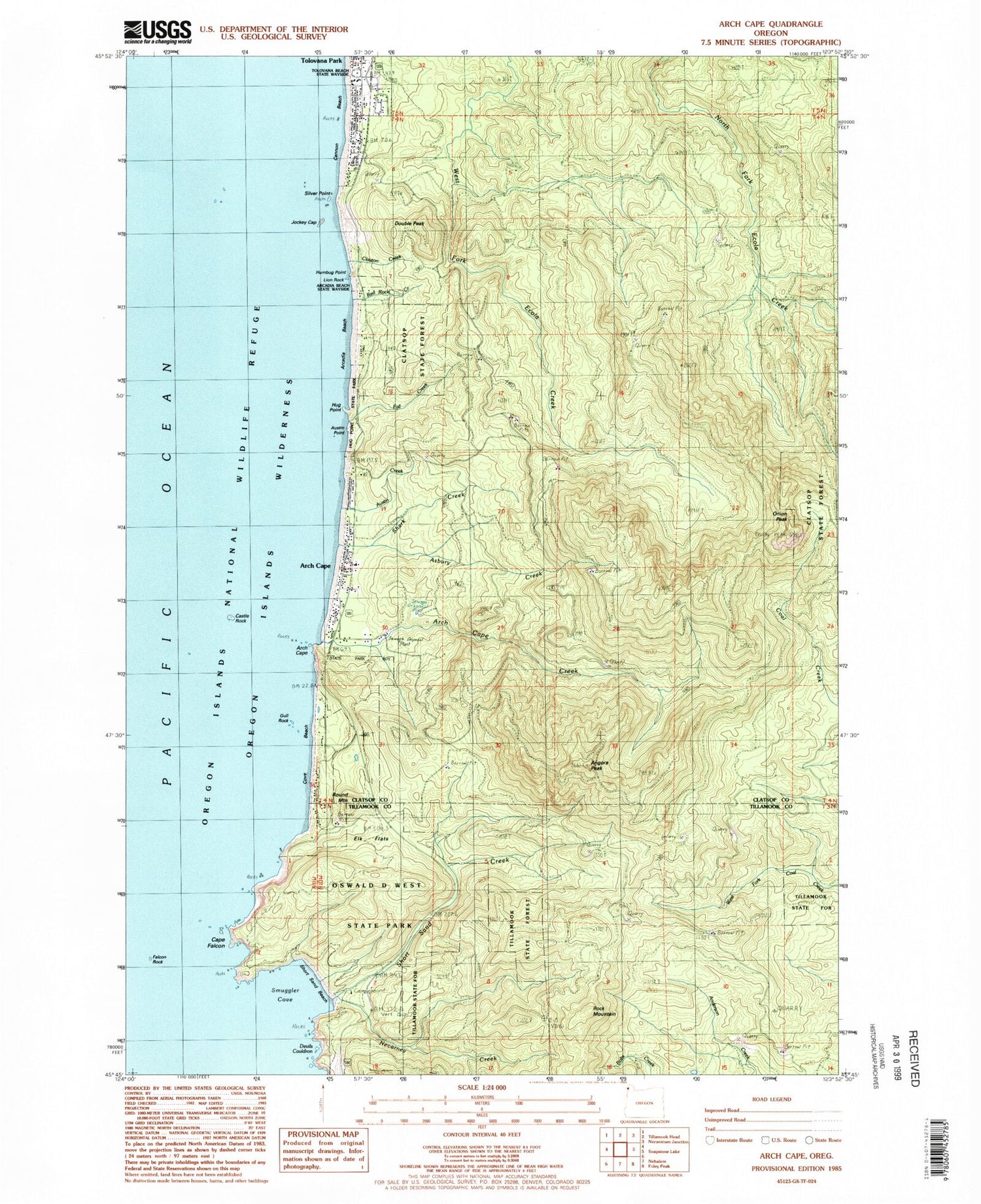 Classic USGS Arch Cape Oregon 7.5'x7.5' Topo Map Image