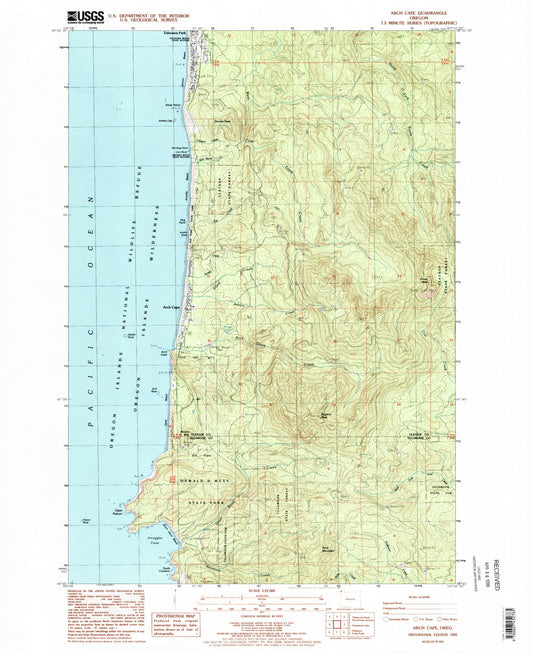 Classic USGS Arch Cape Oregon 7.5'x7.5' Topo Map Image