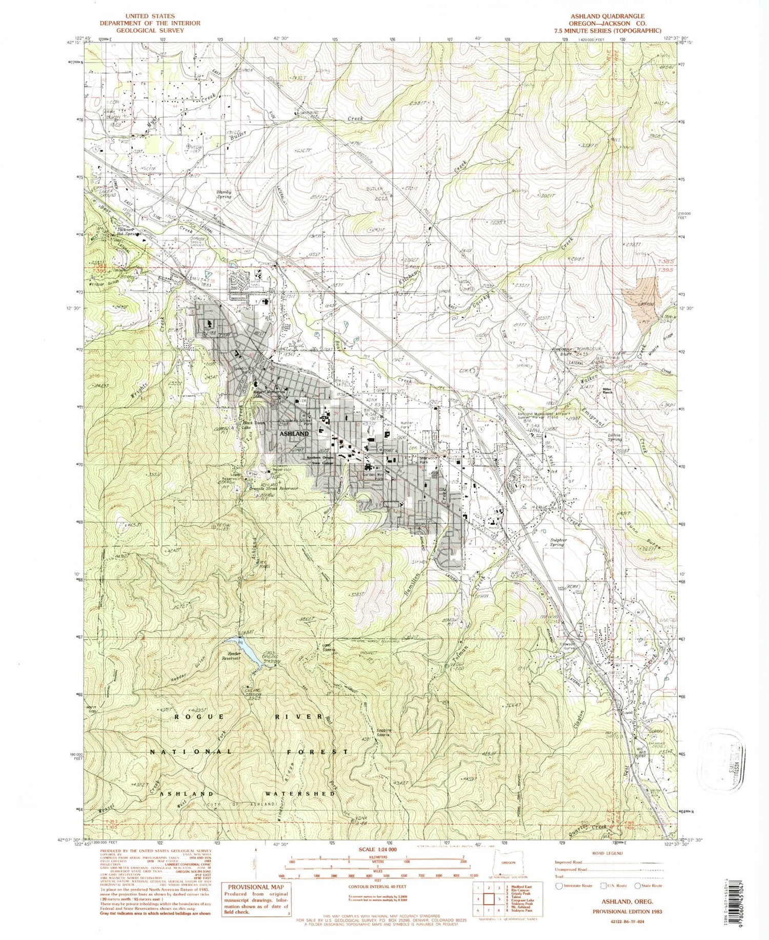 Classic USGS Ashland Oregon 7.5'x7.5' Topo Map Image