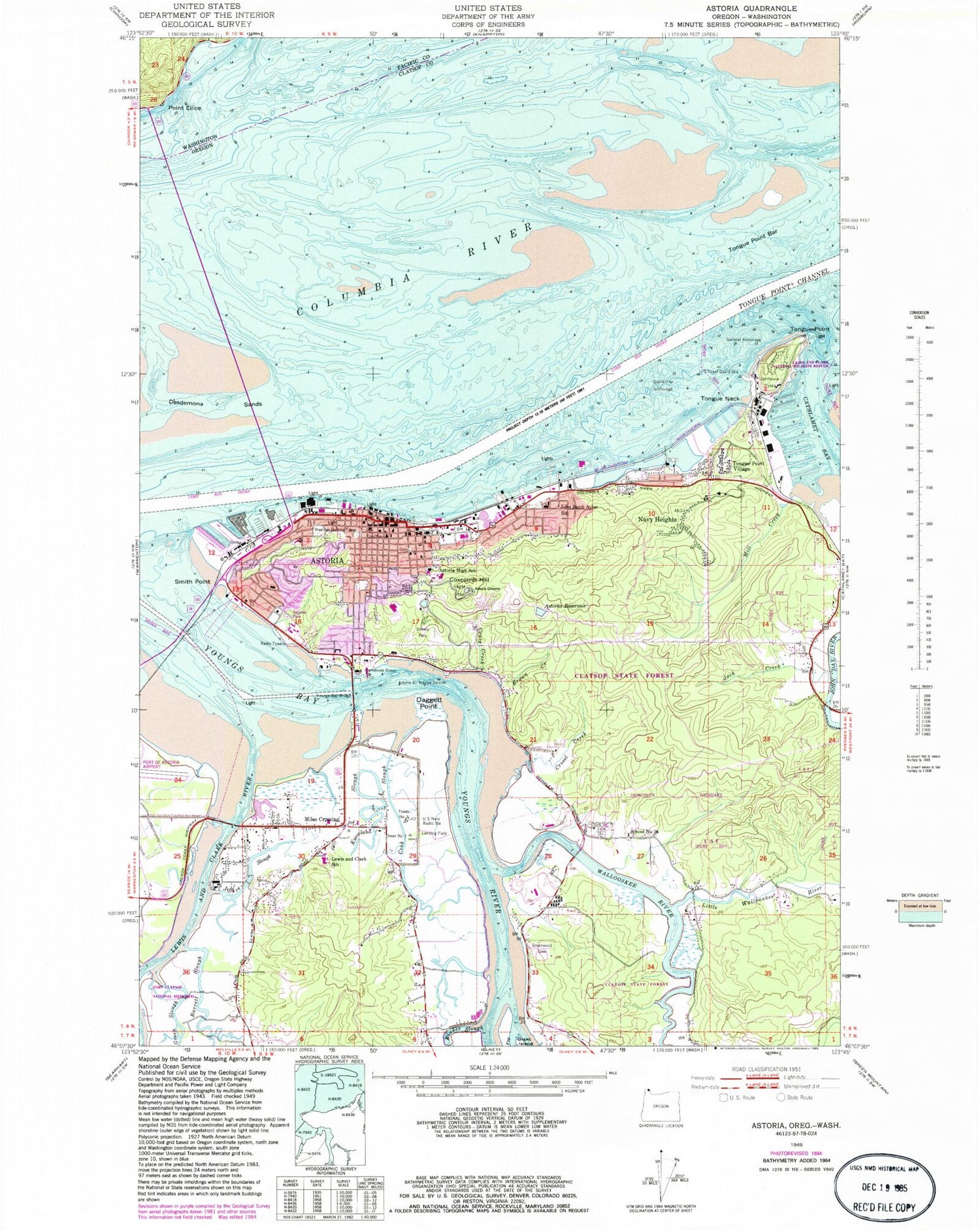 Classic USGS Astoria Oregon 7.5'x7.5' Topo Map Image