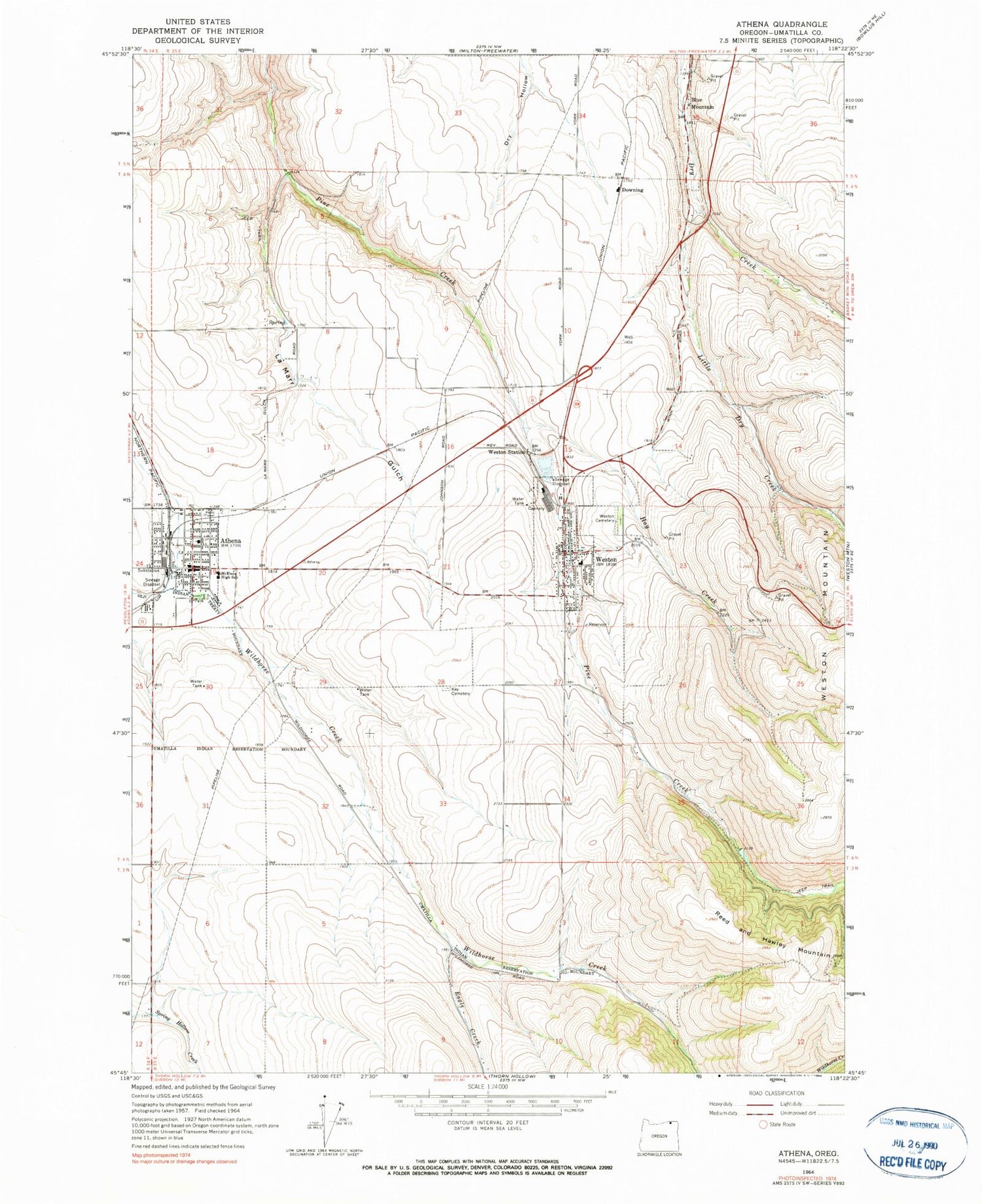 Classic USGS Athena Oregon 7.5'x7.5' Topo Map Image