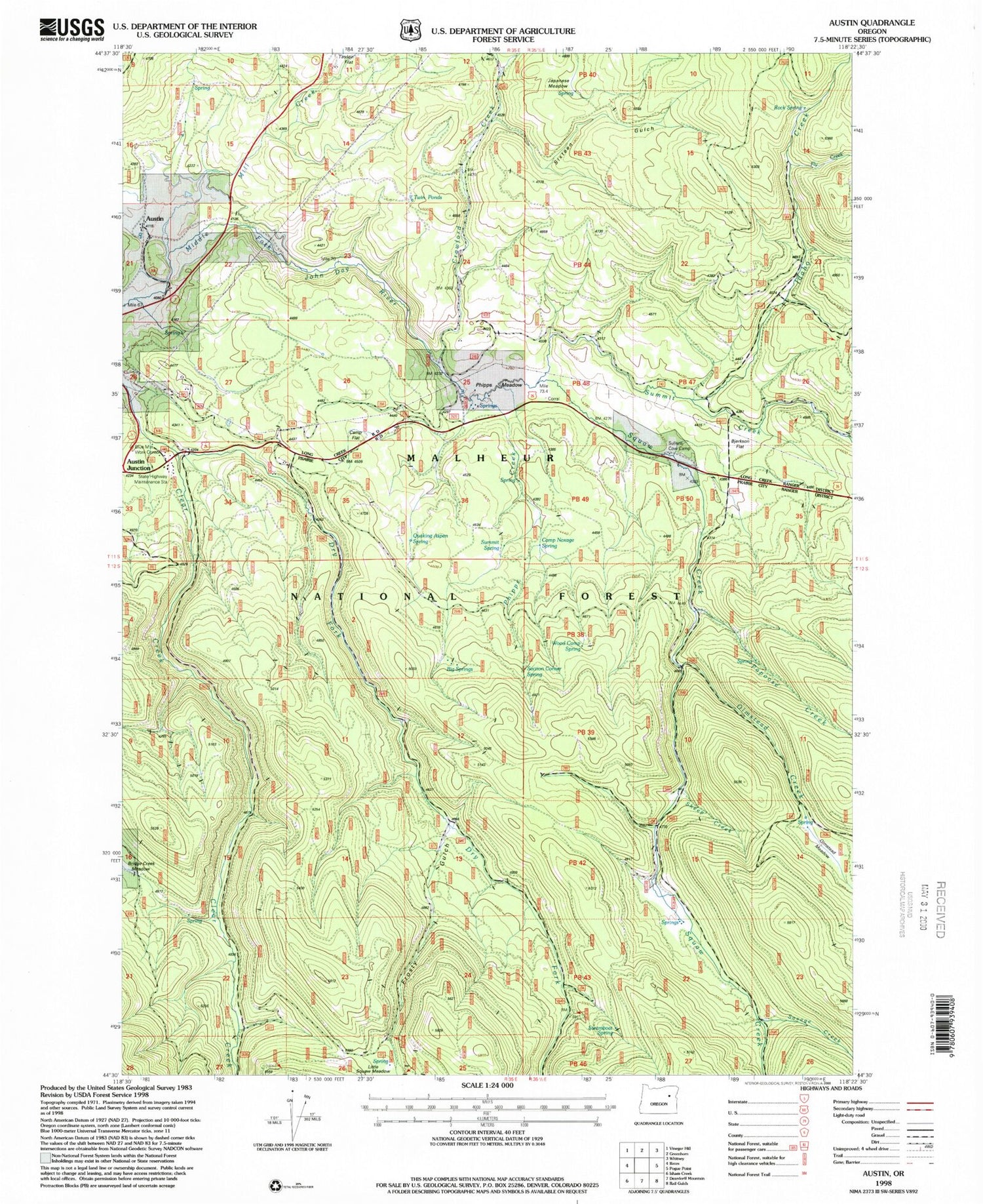 Classic USGS Austin Oregon 7.5'x7.5' Topo Map Image