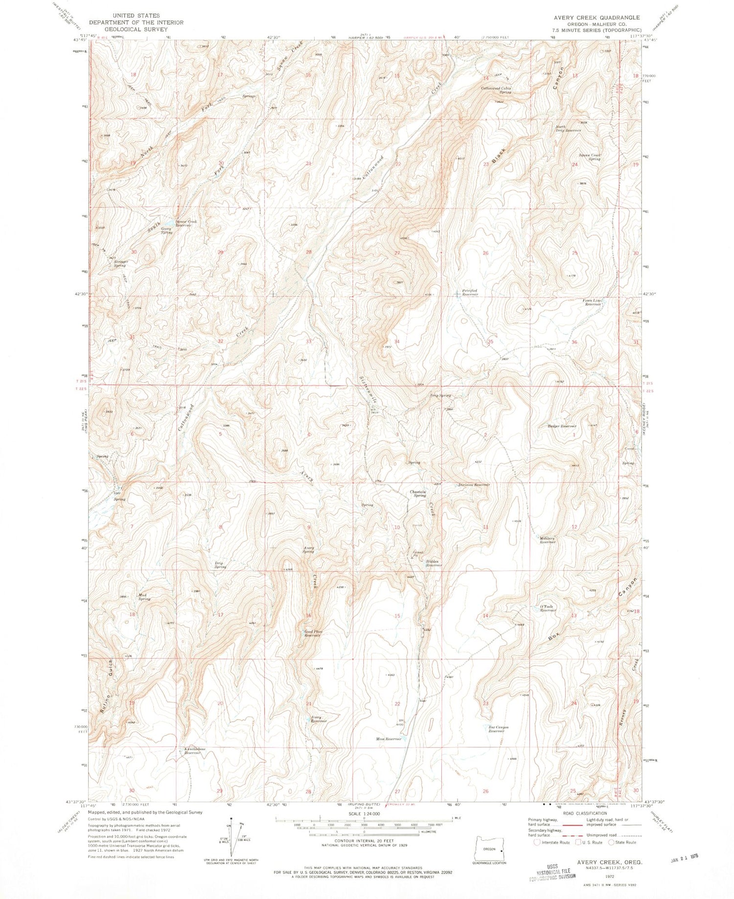 Classic USGS Avery Creek Oregon 7.5'x7.5' Topo Map Image