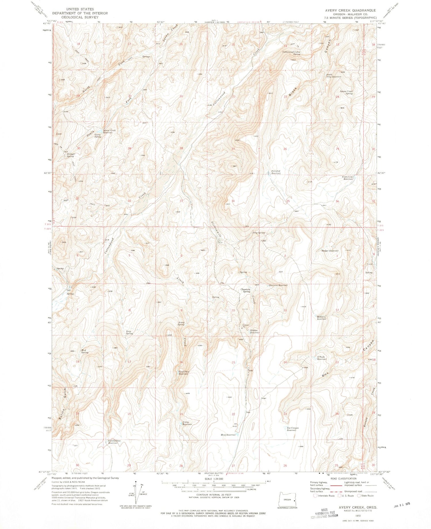 Classic USGS Avery Creek Oregon 7.5'x7.5' Topo Map Image