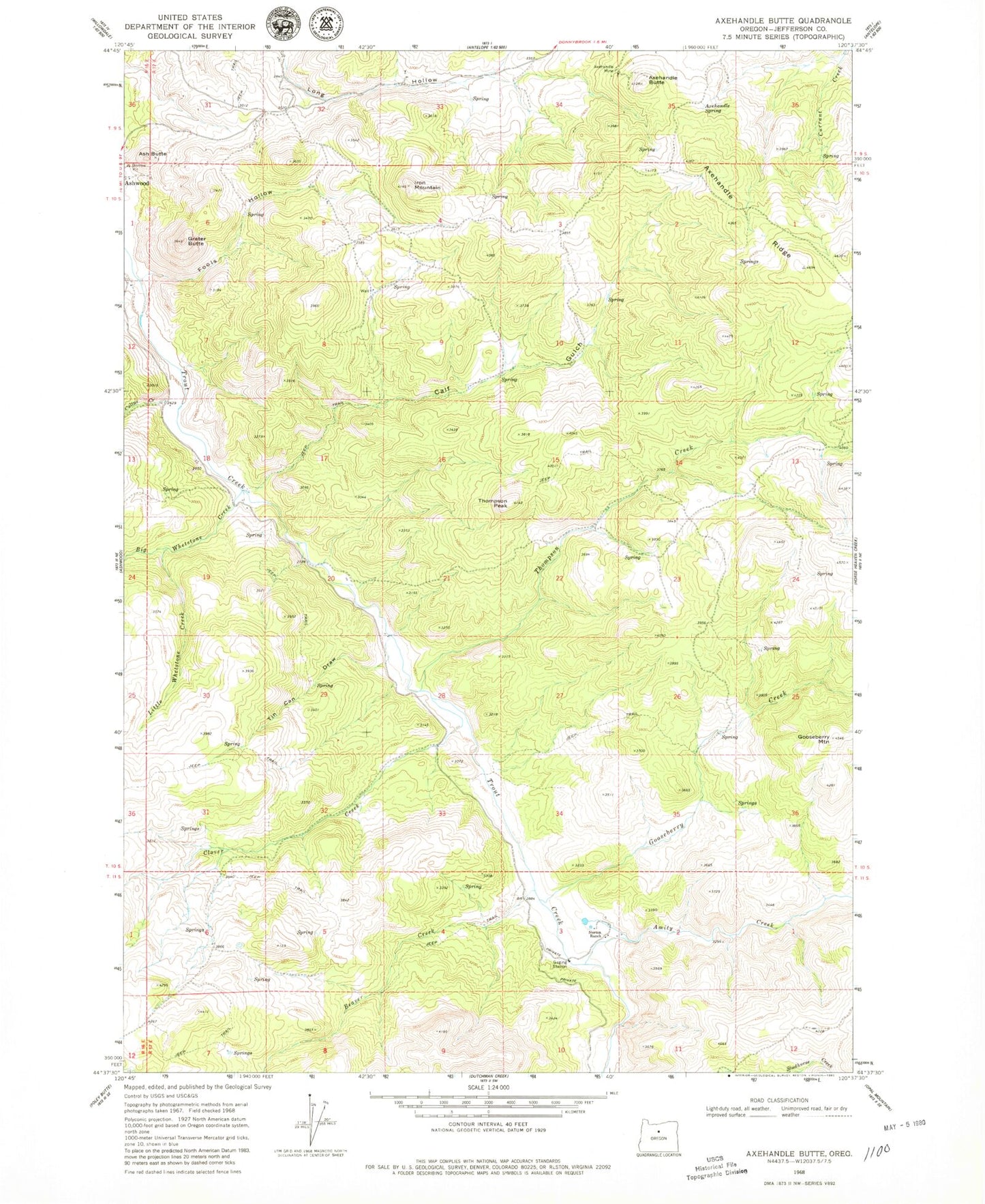Classic USGS Axehandle Butte Oregon 7.5'x7.5' Topo Map Image