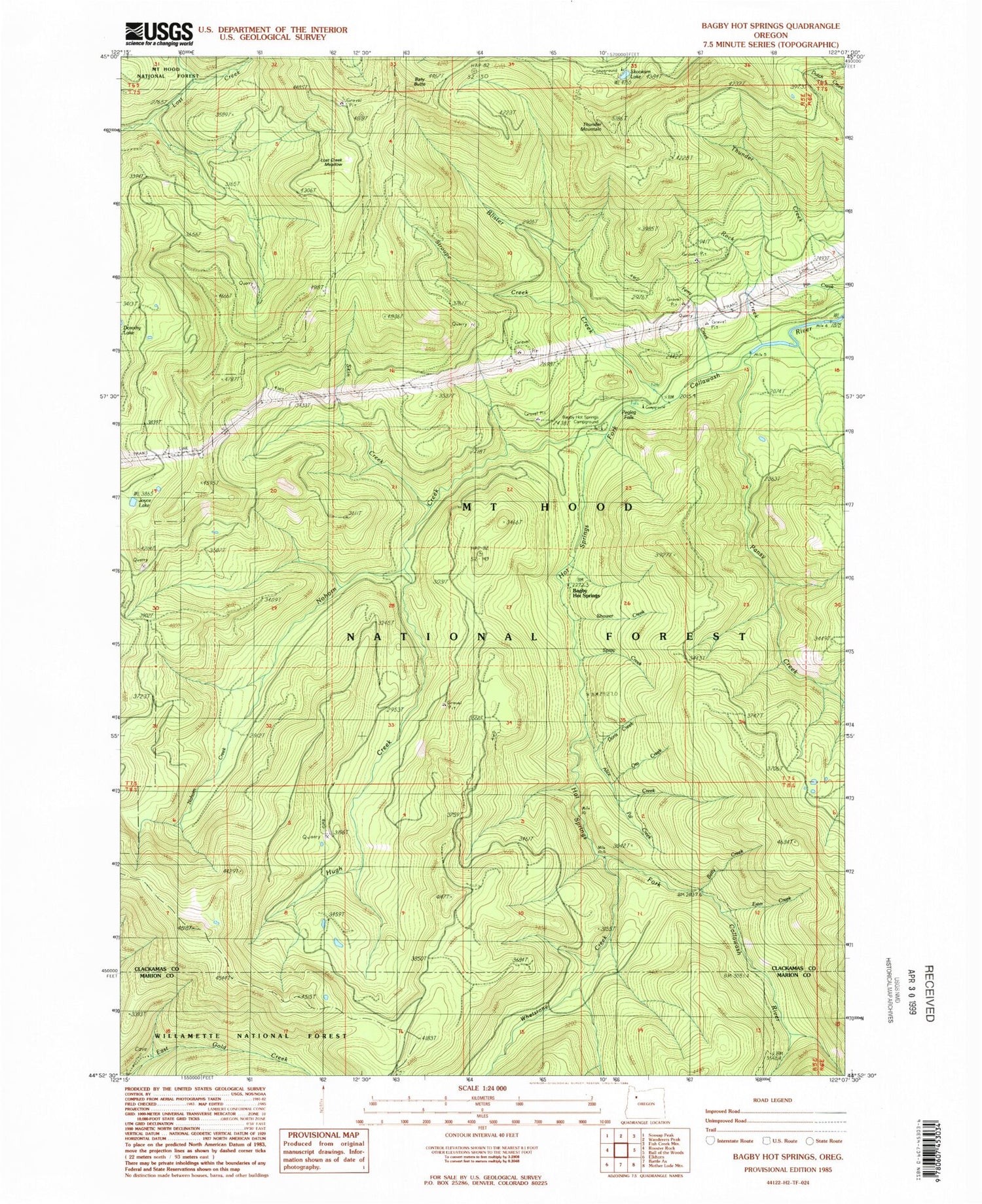 Classic USGS Bagby Hot Springs Oregon 7.5'x7.5' Topo Map Image