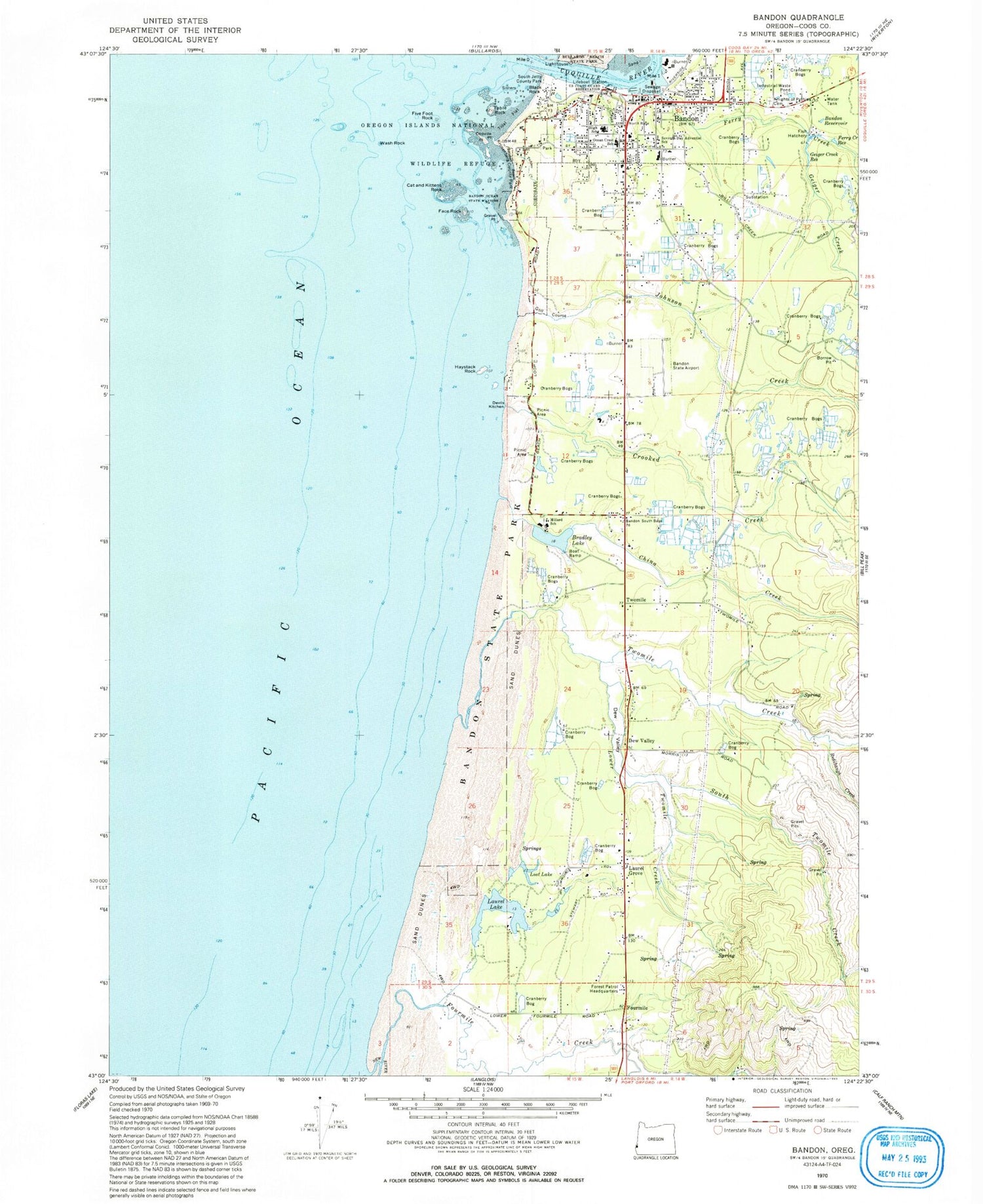 Classic USGS Bandon Oregon 7.5'x7.5' Topo Map Image