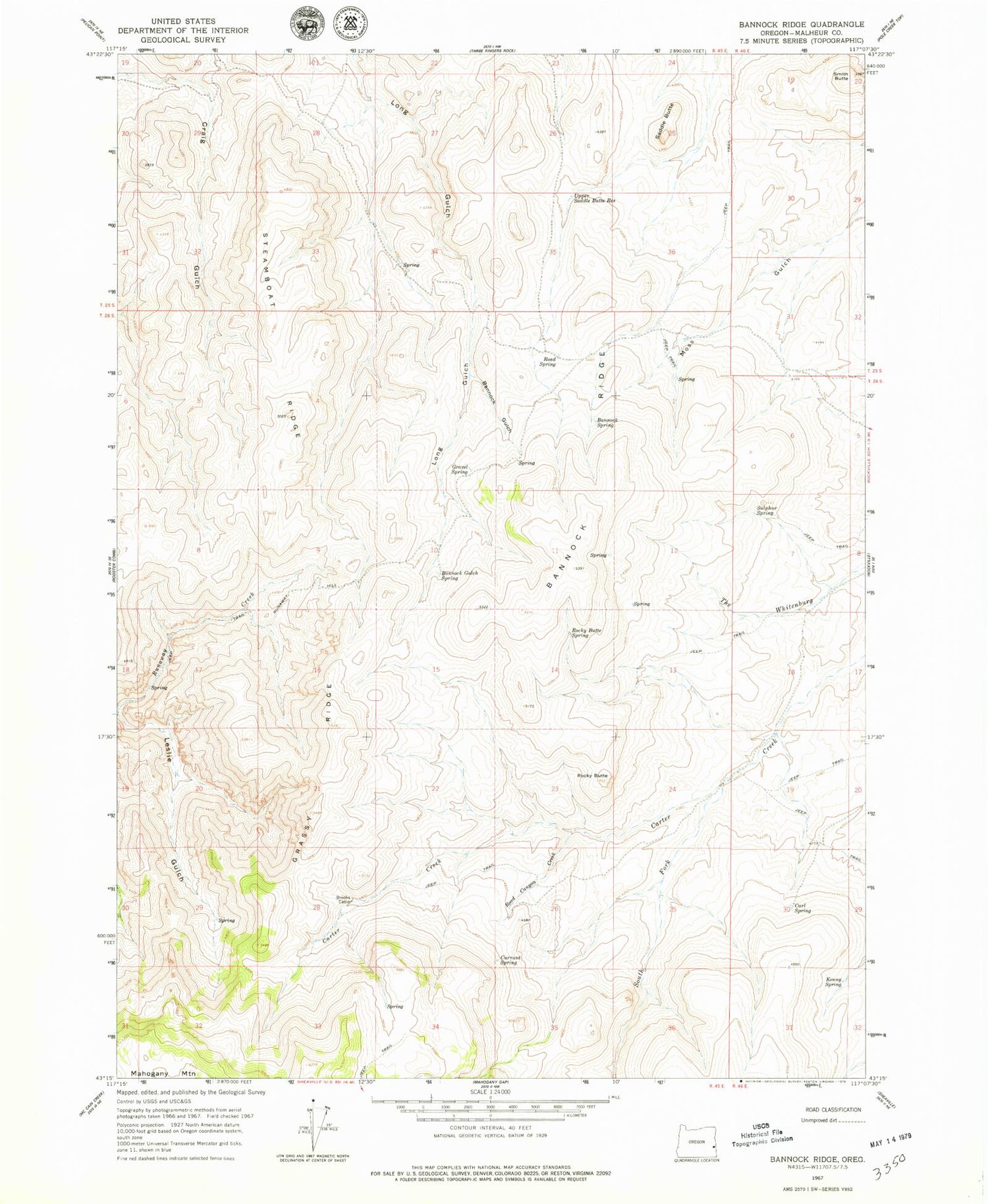 Classic USGS Bannock Ridge Oregon 7.5'x7.5' Topo Map Image