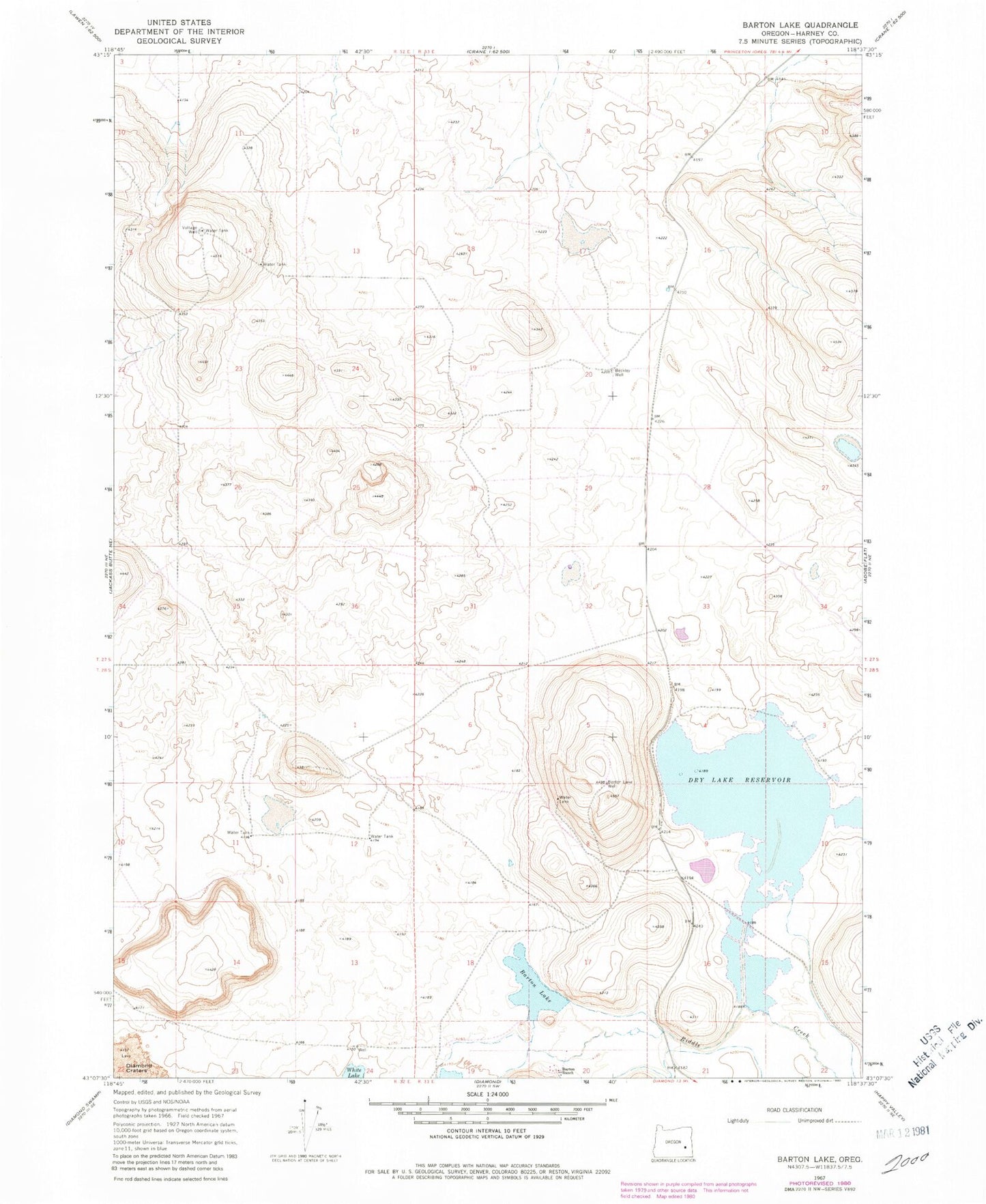 Classic USGS Barton Lake Oregon 7.5'x7.5' Topo Map Image